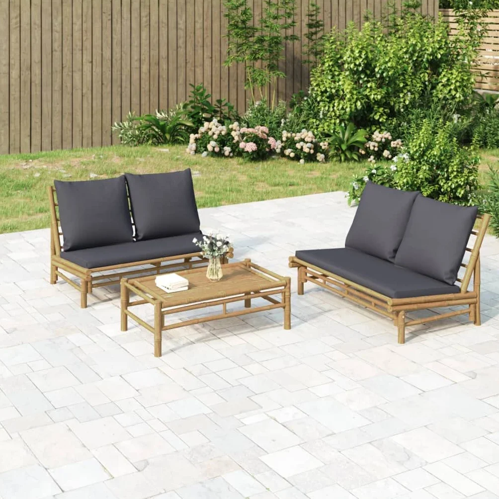 Ensemble salon de jardin, 2 pièces, en bambou naturel, avec coussins gris foncé, robuste, pour terrasse, balcon et véranda, ensemble de patio confortable