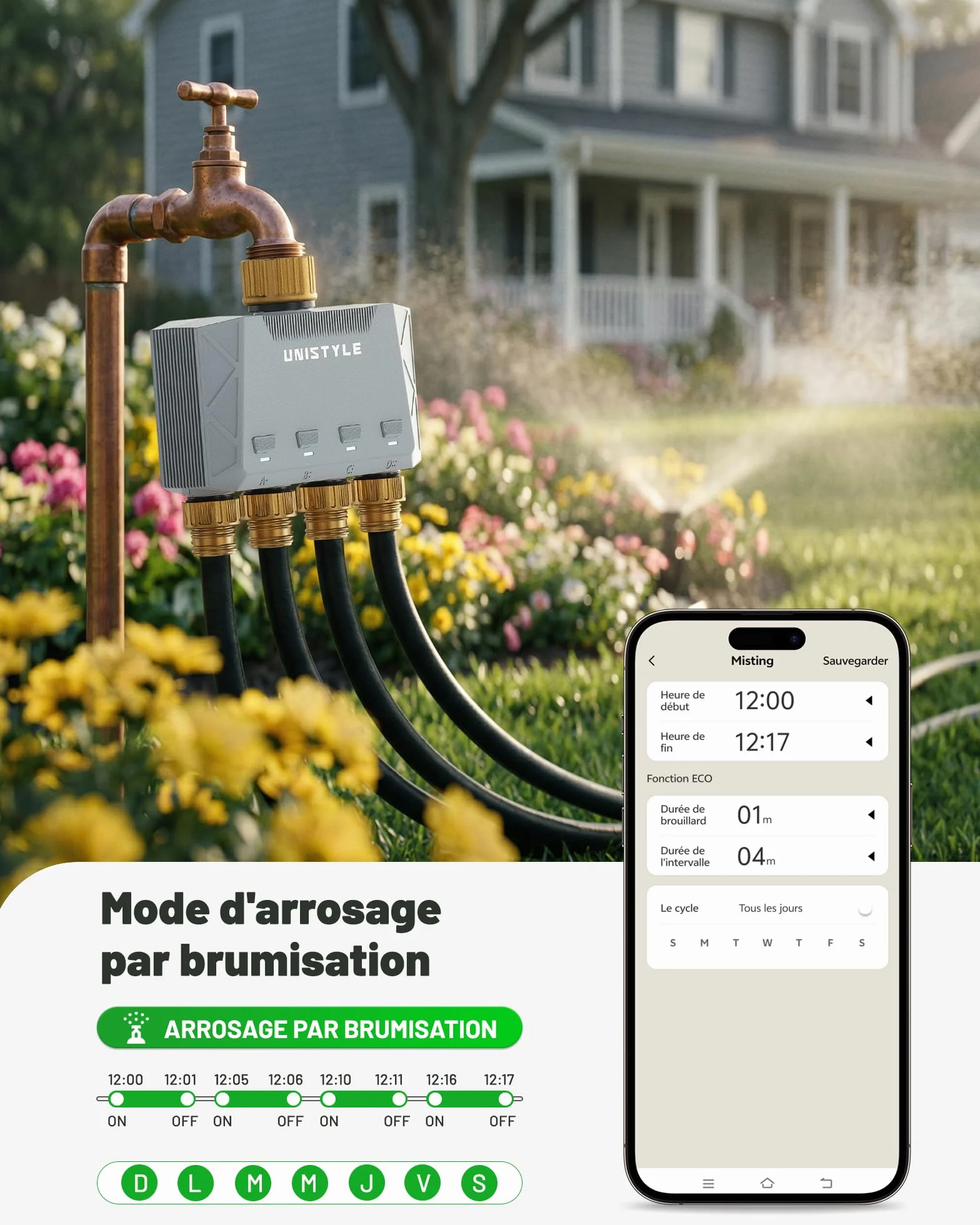 Programmateur Arrosage Connecté WiFi 4 Voies Unistyle – Contrôle via App 5 Programmes Jardin Automatique