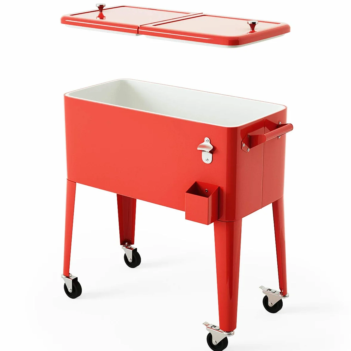 GOPLUS Chariot de Glacière 76 L sur roulettes, Desserte Jardin 4 Roulettes, pour Terrasse, Pique-Nique, 91x48x87cm Rouge