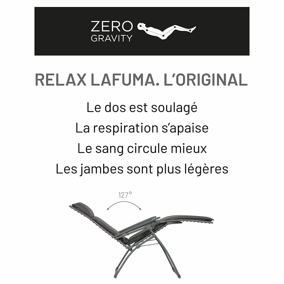 Lafuma Fauteuil Relax Zéro Gravité RT 2 Chaise Longue Pliante Toile Batyline Gris Fonte