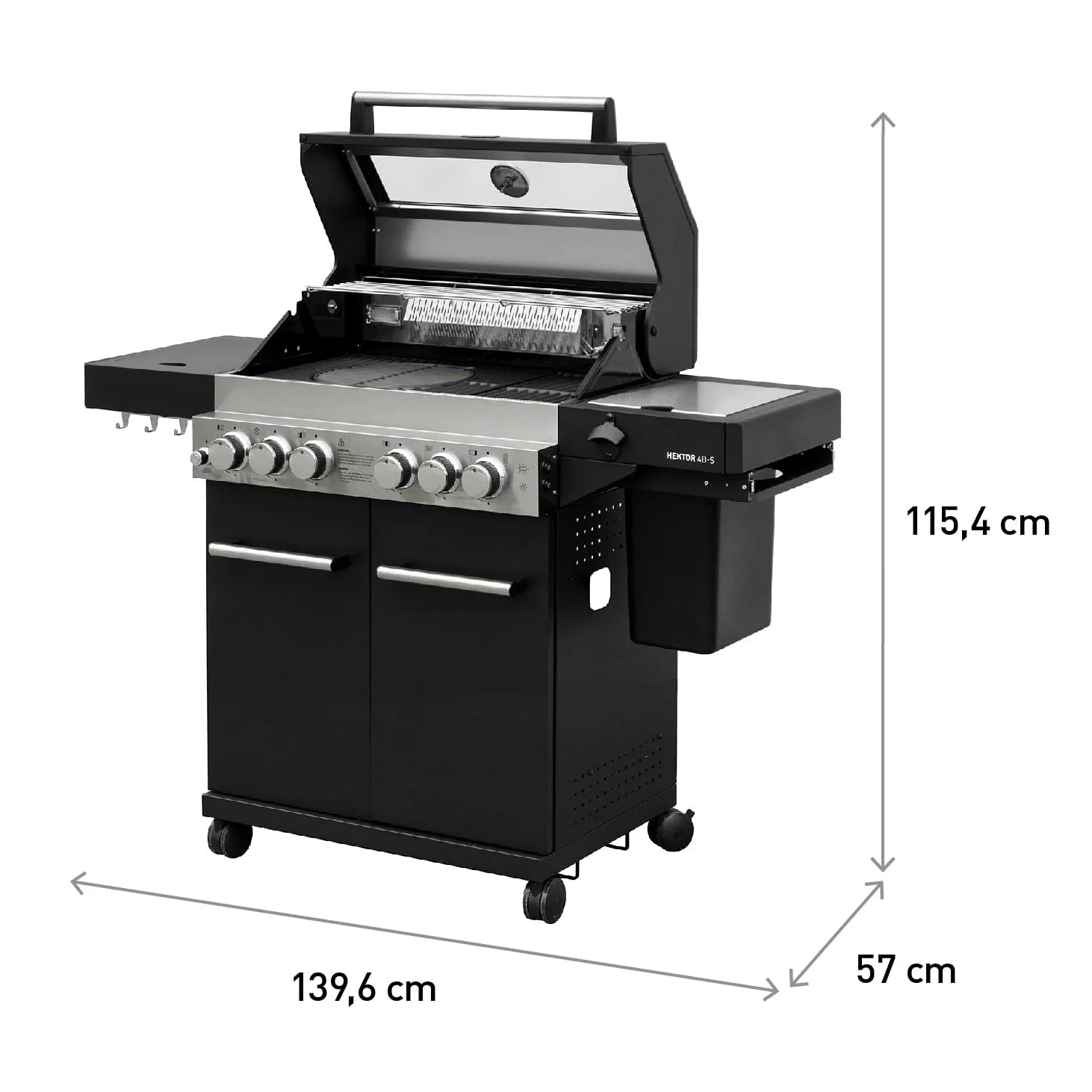 Barbecue à gaz Feuergott Hector 4B-S avec broche rotative et housse de protection avec 4 brûleurs, brûleur Sear, grille en fonte, brûleur arrière, réchaud latéral, fenêtre de visualisation et
