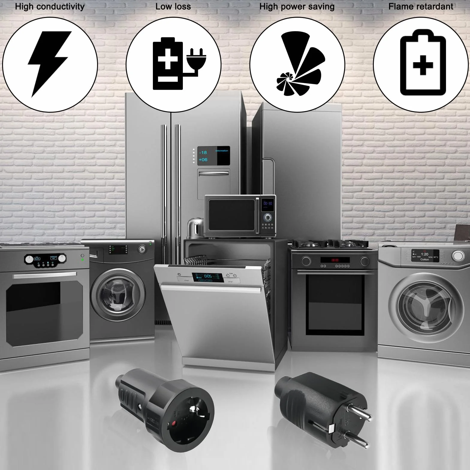 Lot de 3 paires de fiches Schuko 250V 16A IP44 en caoutchouc avec protection anti-torsion noir