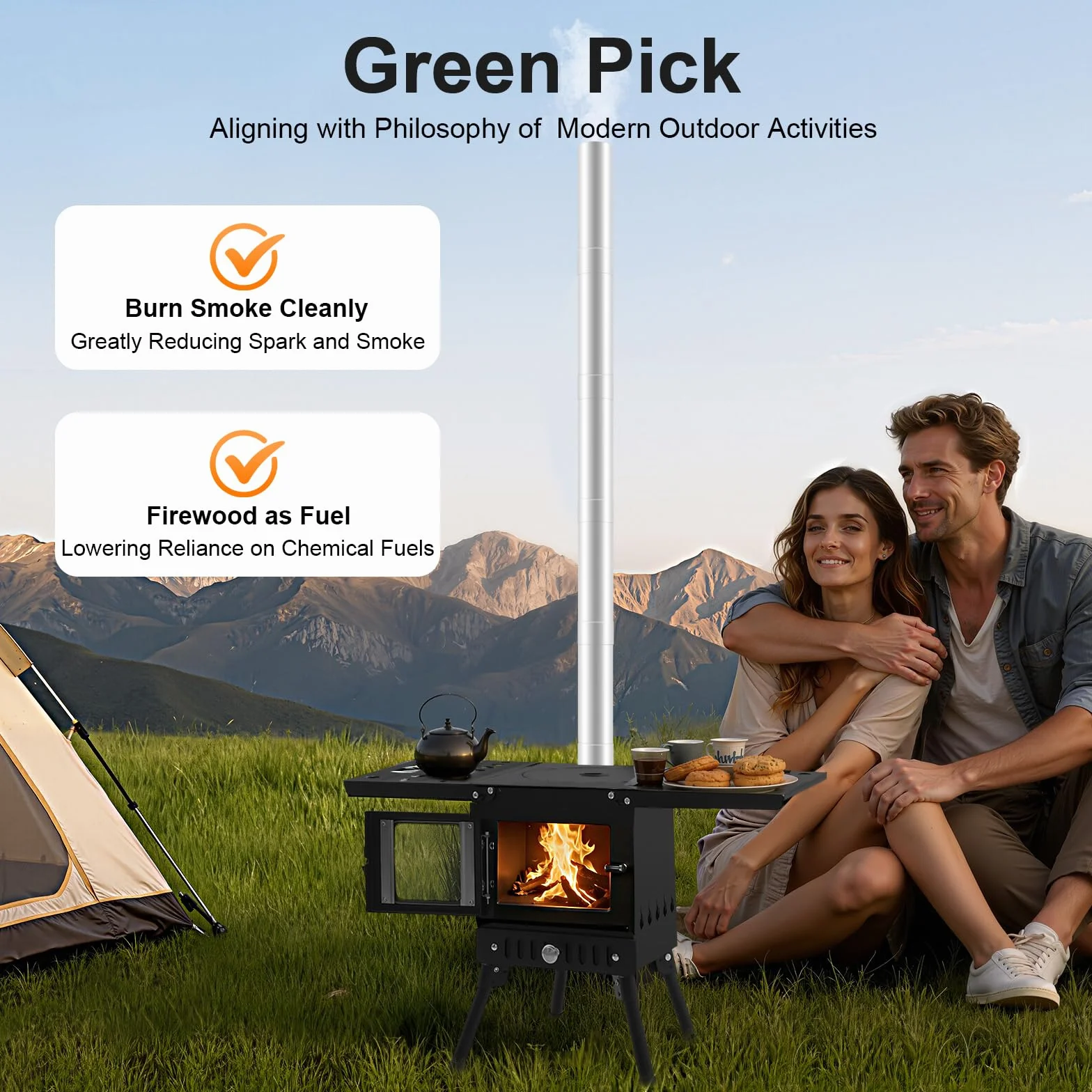 Poêle à bois pliable pour extérieur, chauffage de tente portable avec tuyaux de cheminée et fenêtre d'observation