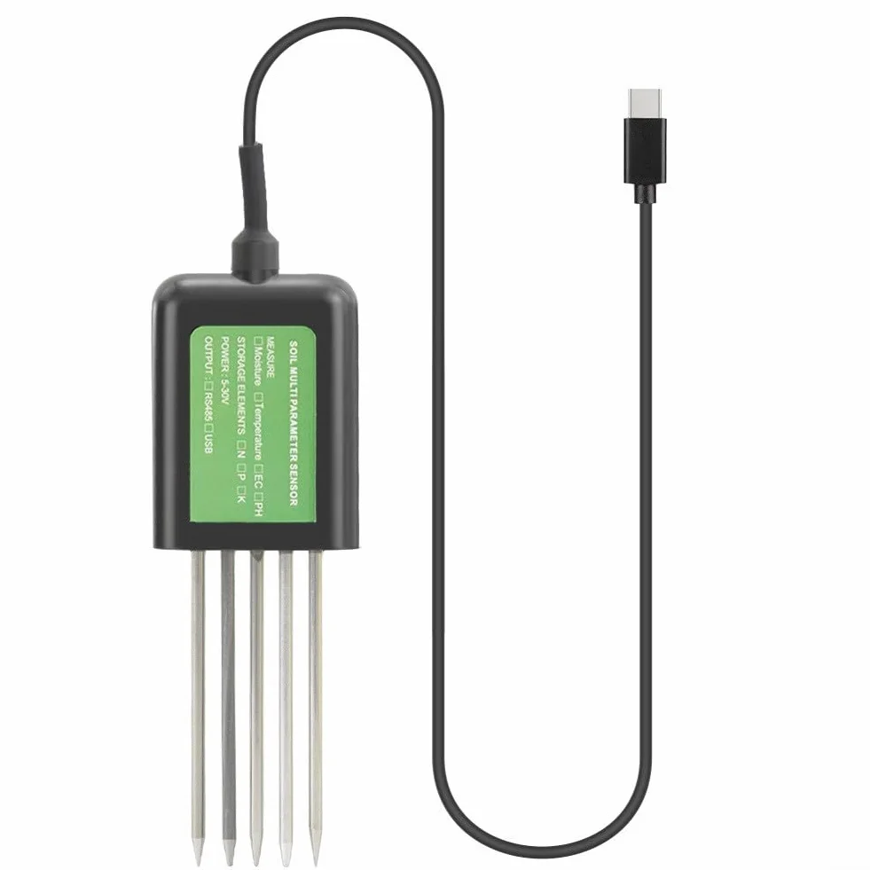 Testeur de sol 7-en-1, mètre d'analyse de sol numérique USB pour la mesure de la température, du pH, du NPK et de l'humidité, compatible avec l'application Android, câble de 1,5 m