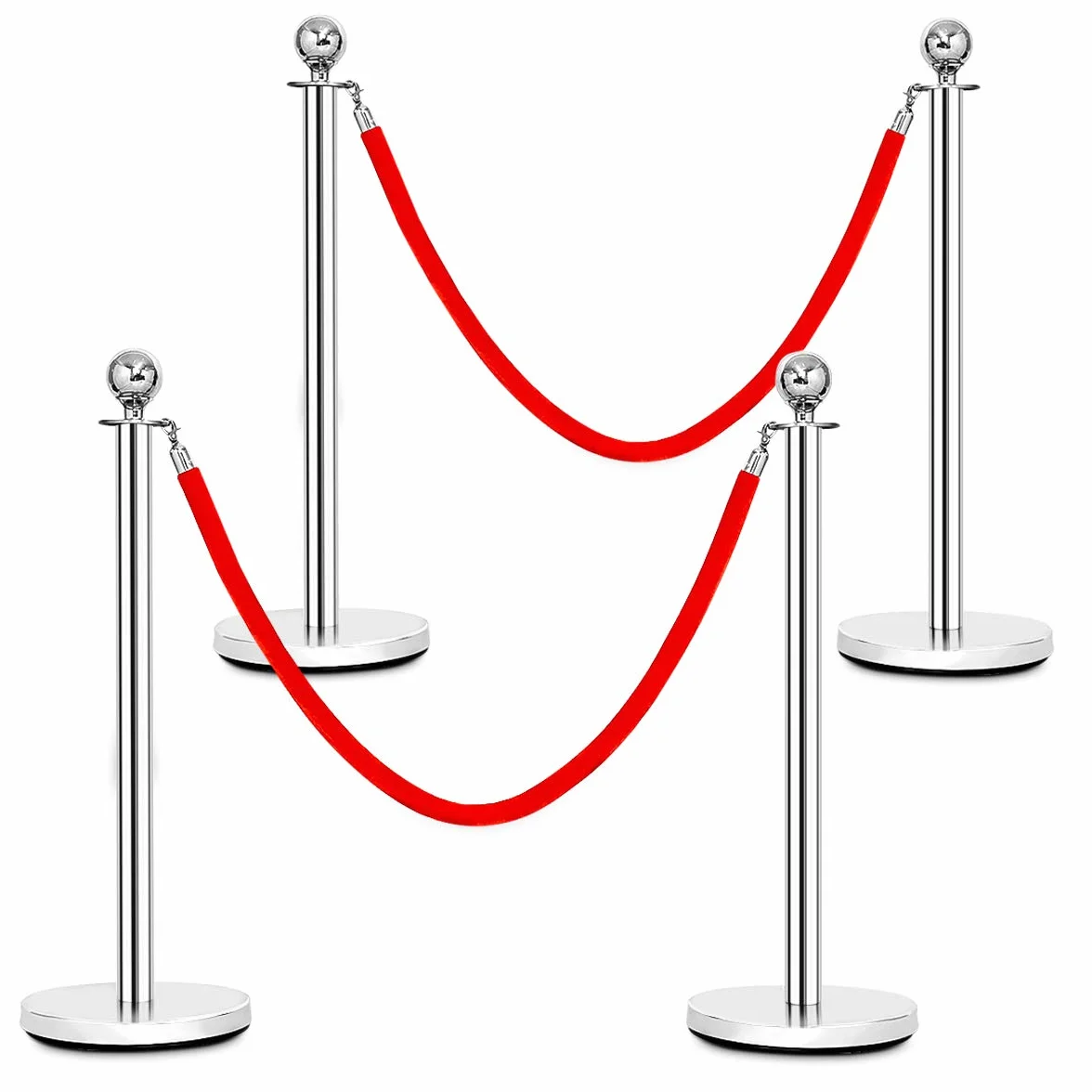 GOPLUS Poteaux de Guidage en Acier Inoxydable 32cm, Barrière de Passage avec Corde Rouge