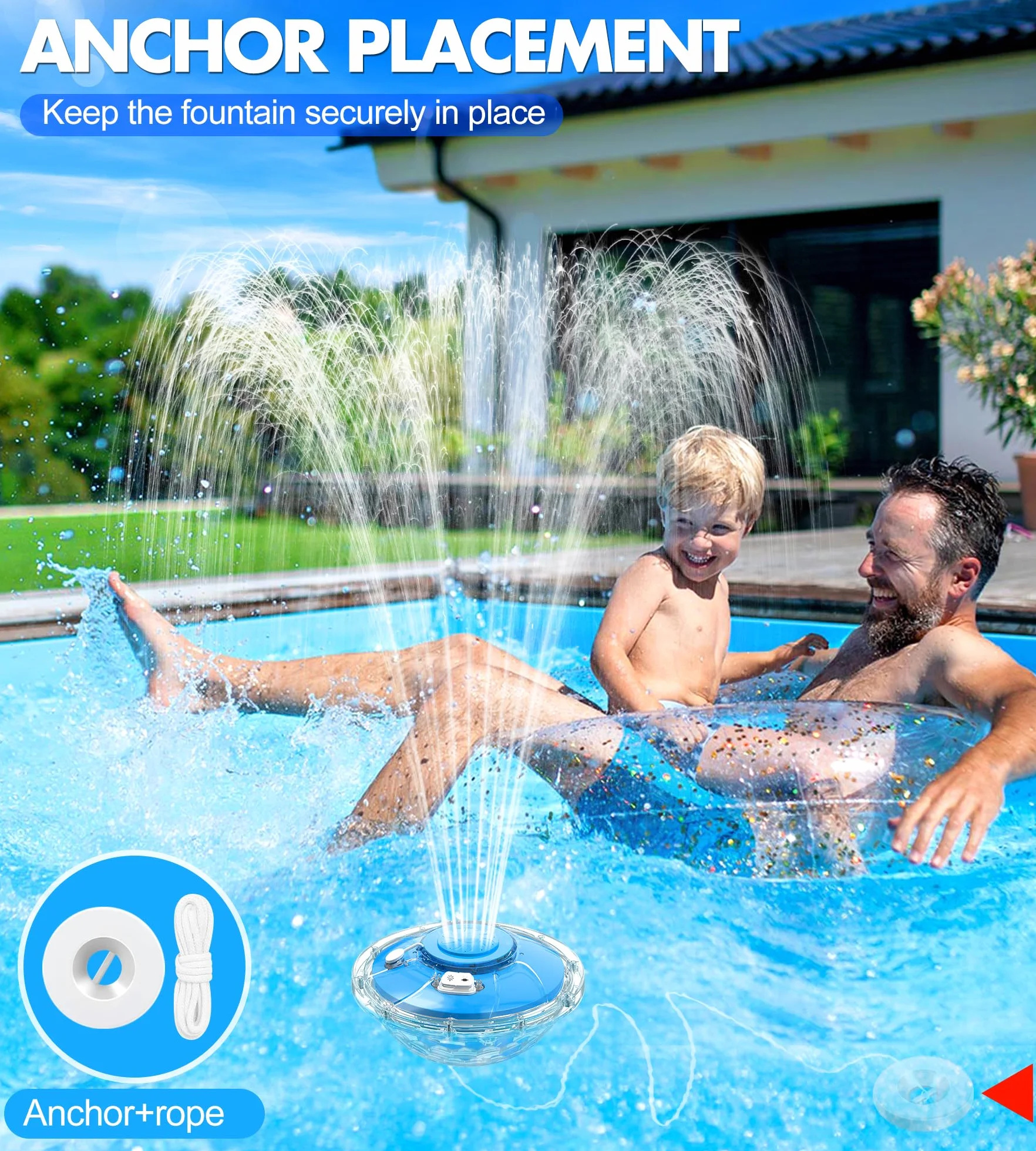 Fontaine Flottante Piscine avec Spectacle Lumineux 8000mAh 2 Modes Pulvérisation Jet Eau 130cm