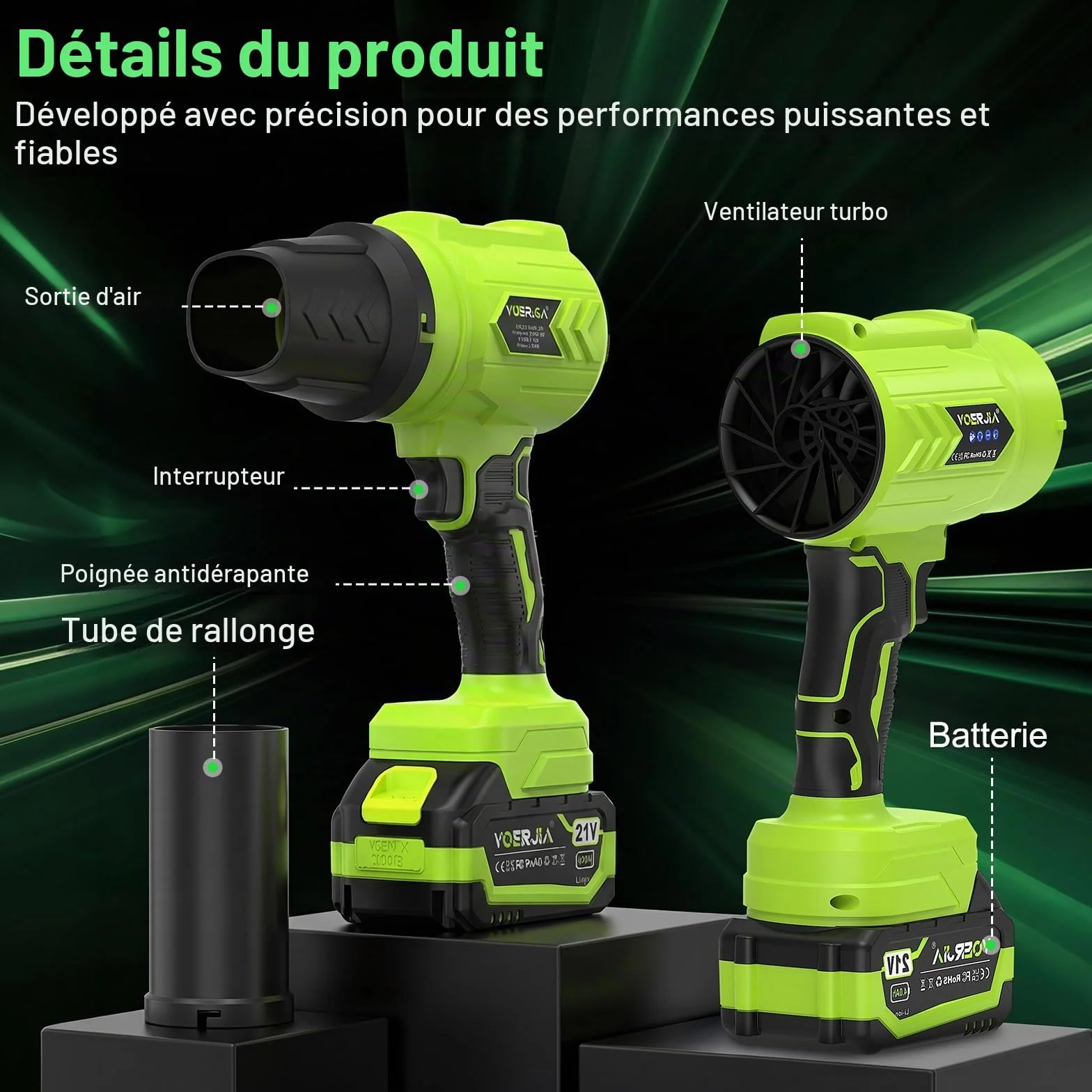 Souffleur à feuilles sans fil 21 V 4000 mAh avec 2 batteries et chargeur
