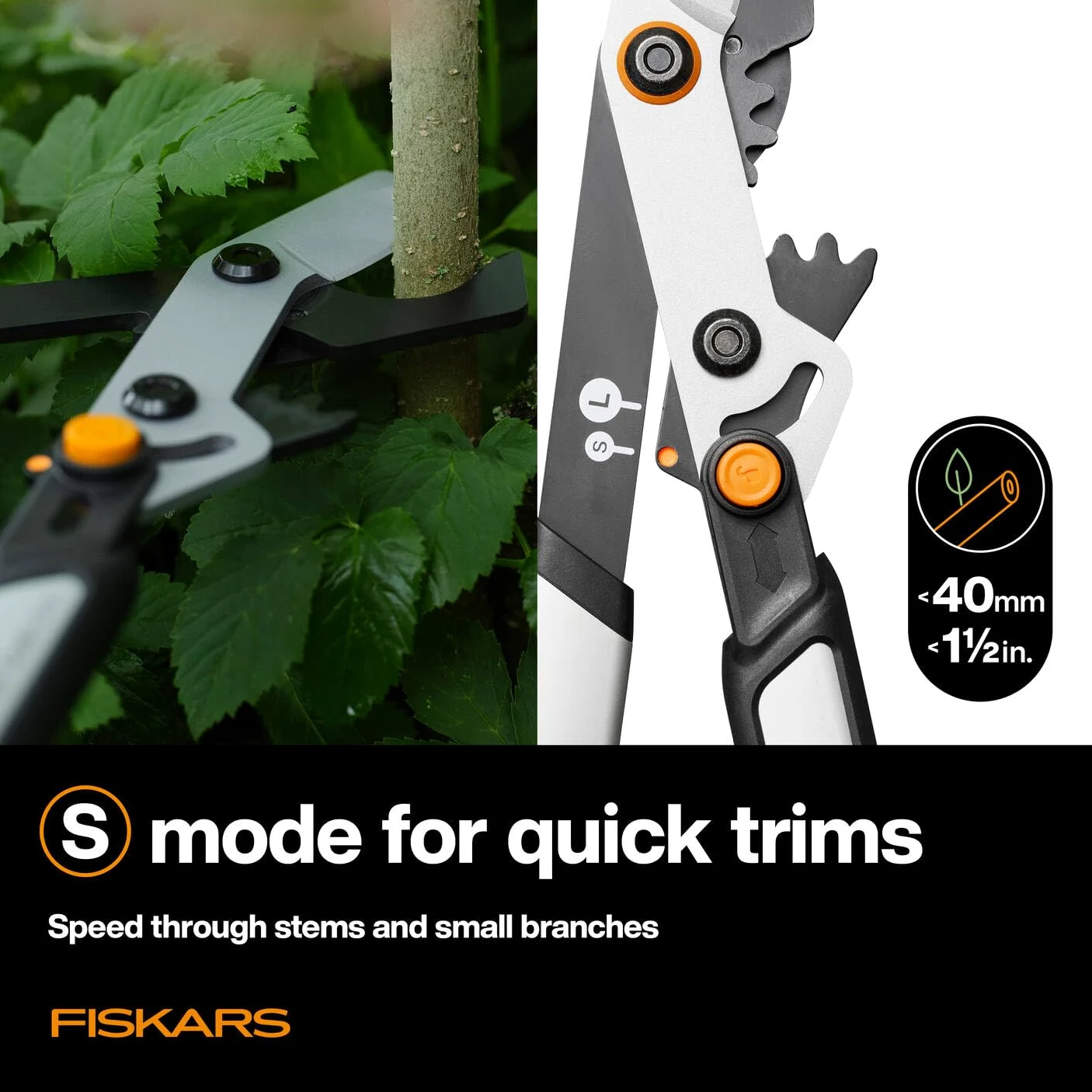 Fiskars X-Series DualAction Sécateur Bypass LX108, Mode 2-en-1 pour des Coupes Rapides ou Puissantes, Lames en Acier Antiadhésif/Bras en Aluminium Léger avec Poignée Souple, Noir/Orange, 1080133