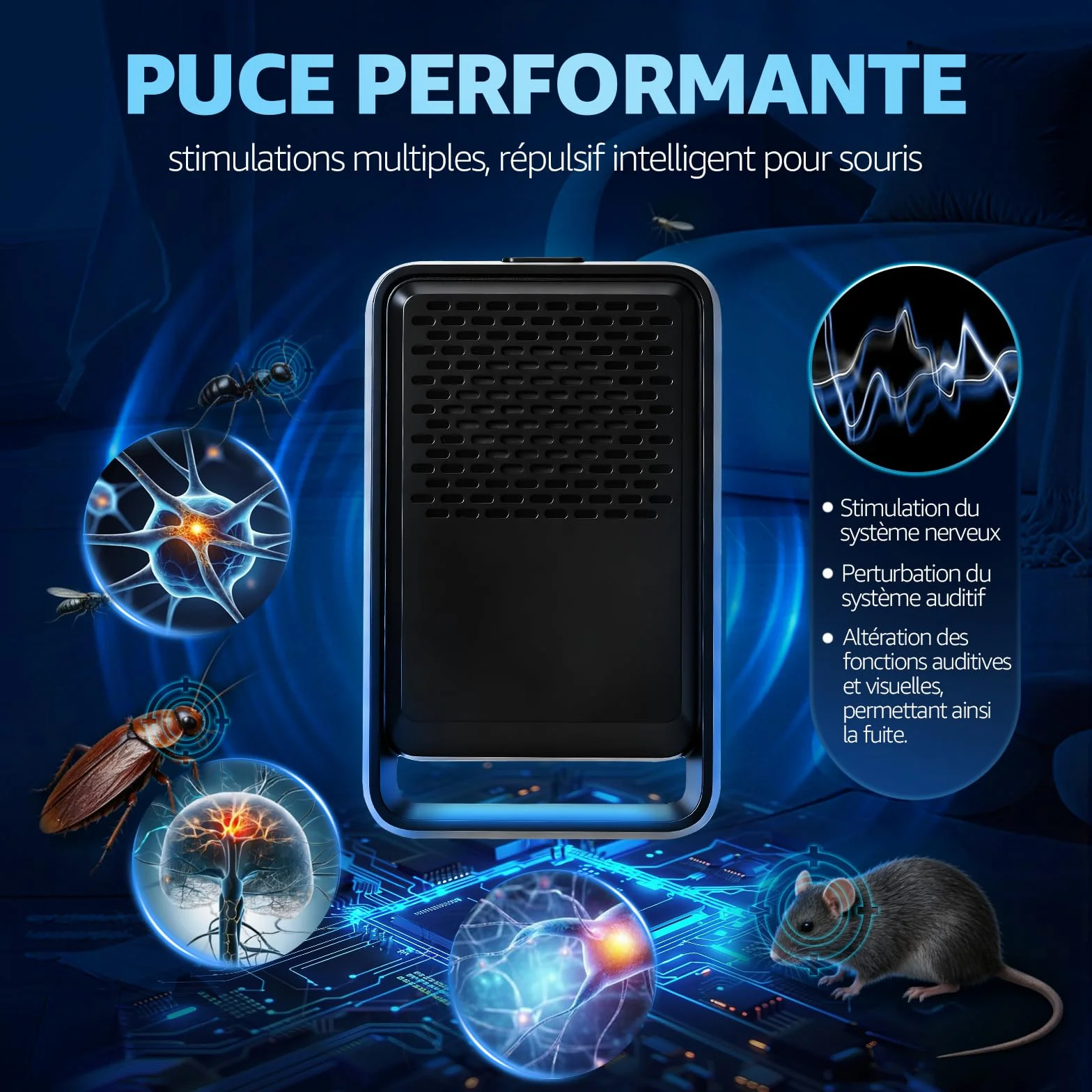 Ultrason Souris et Rats 4 Pack-Puissant Ultrasonique Contre Les Nuisibles-3 Modes Repulsif Souris-Anti Souris Rats Rongeurs Araignée Moustiques Cafards & Pects(Noir)