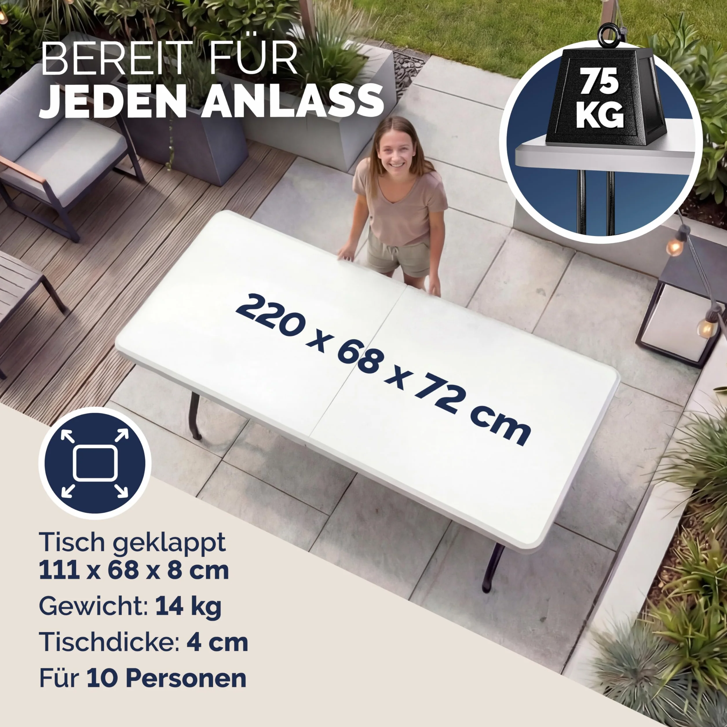 Casaria Table de Camping Pliable 220 x 70 cm 10 Personnes Plastique Blanc