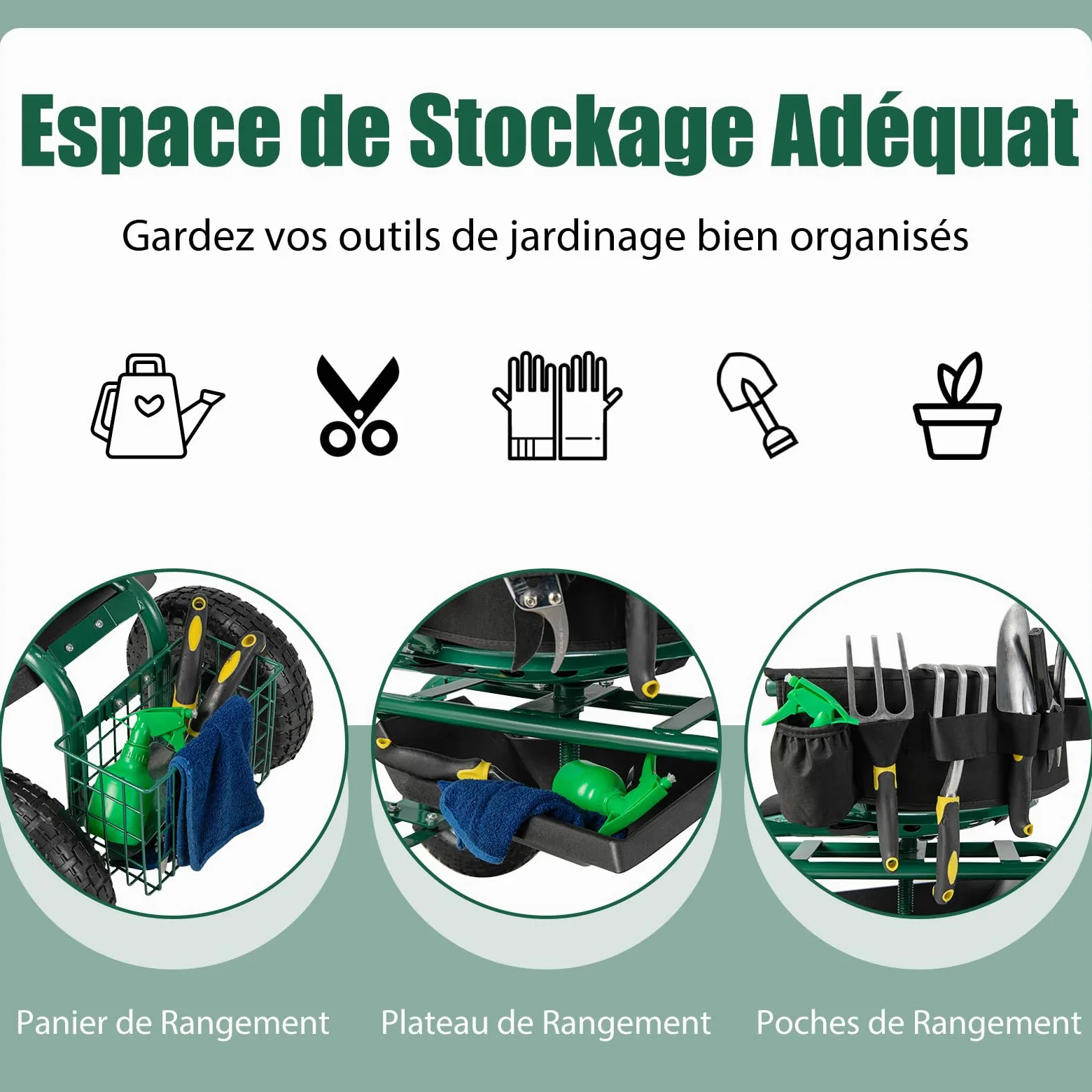 RELAX4LIFE Siège de Jardinage Roulant, Chariot de Jardin avec Siège Pivotant et Hauteur Réglable, 2 Poignées, Coussin de Siège Amovible, Plateau à Outils, Siège de Travail pour Jardiner