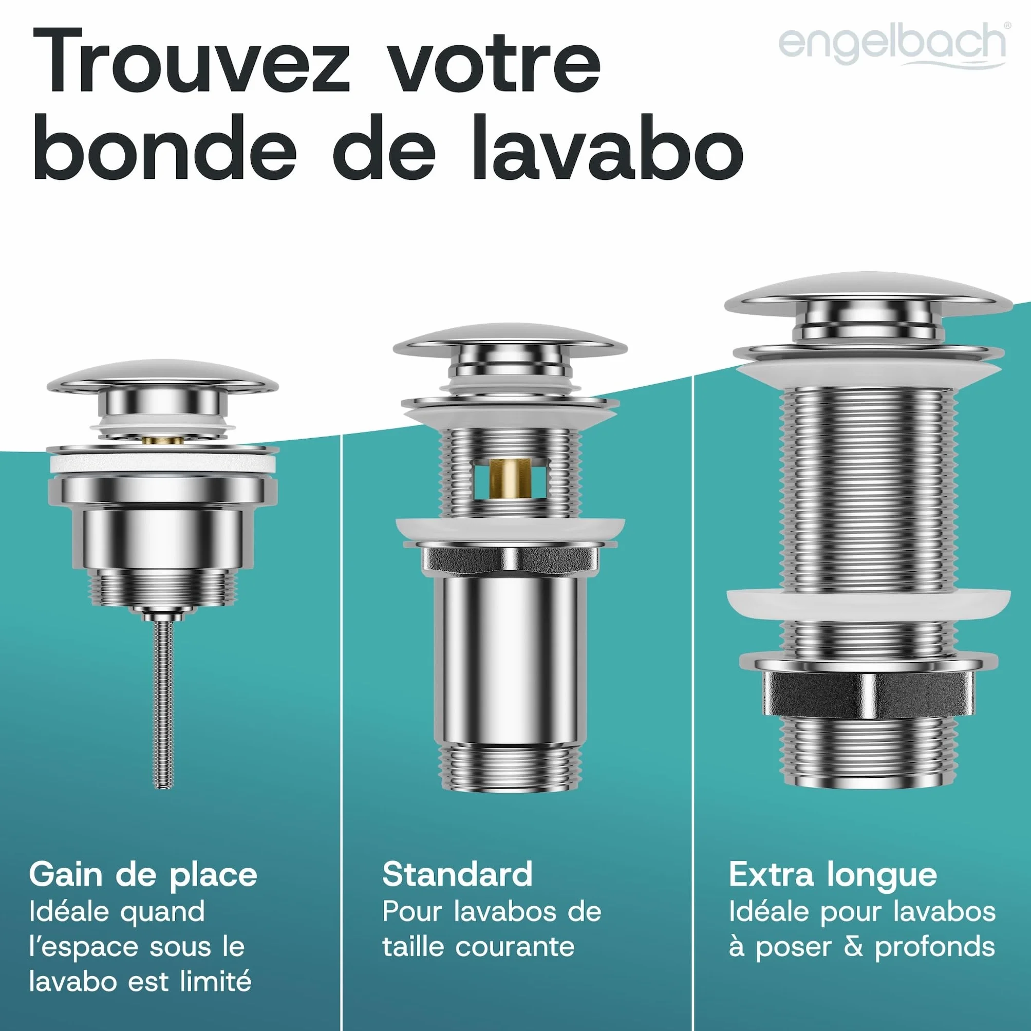 Engelbach Bonde de lavabo avec trop-plein Bouchon clic-clac 3 Joints Inclus Modèle Universel
