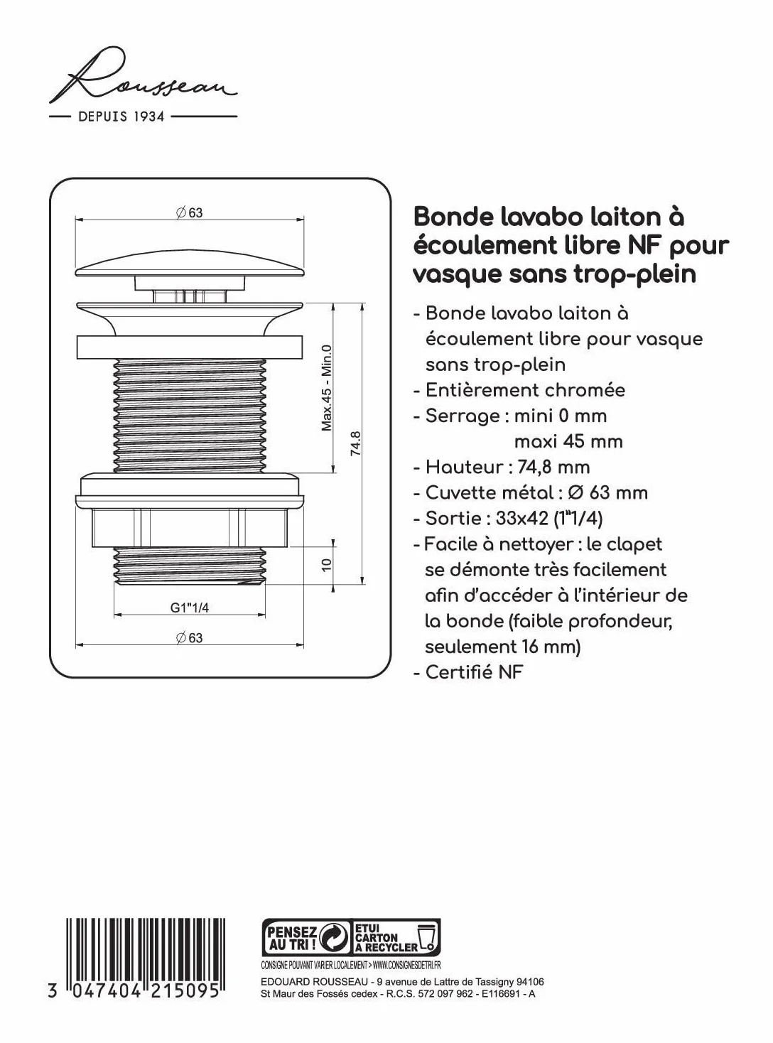 Bonde de Lavabo à Ecoulement Libre Edouard Rousseau Diam. 63mm, Certifié NF, Finition Chromée