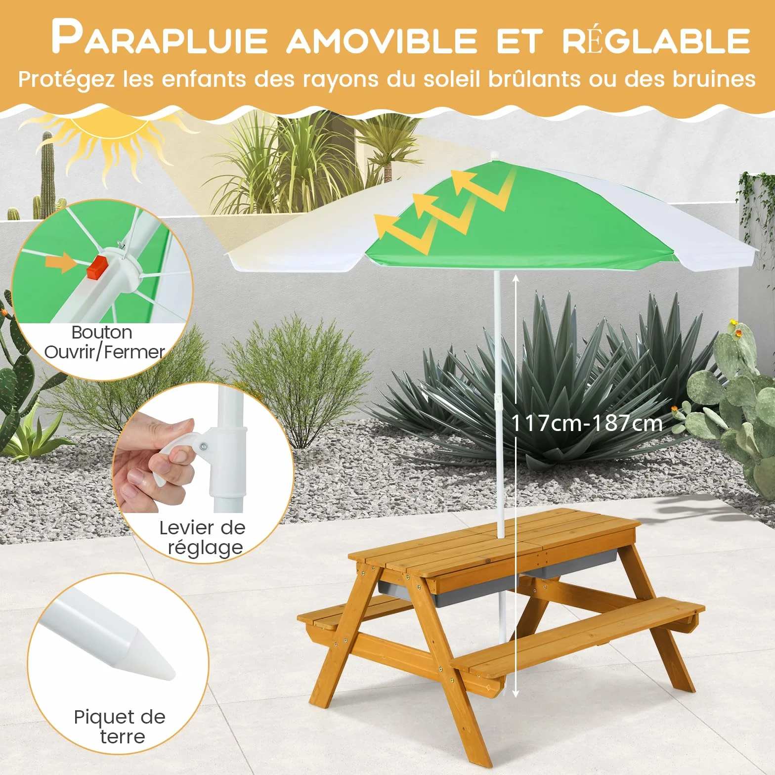 GOPLUS Table Enfant Banc Parasol 3 en 1 Convertible Plateau Amovible Boîtes Rangement Bois Extérieur Jardin Vert Blanc