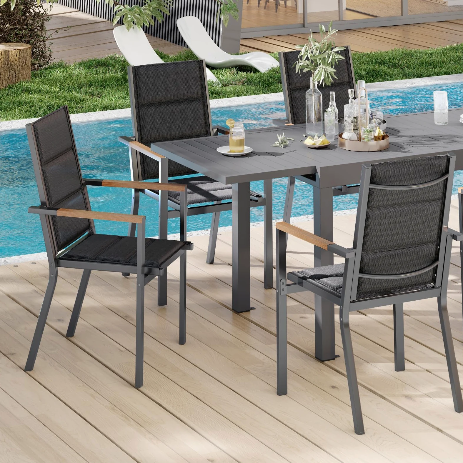 Devoko Ensemble De 2 Chaises De Jardin Exterieur, Chaise De Salle À Manger Empilable en Aluminium, Chaise Fauteuil, pour Le Jardin, La Piscine, La Terrasse, Meubles d'extérieu, Gris Foncé