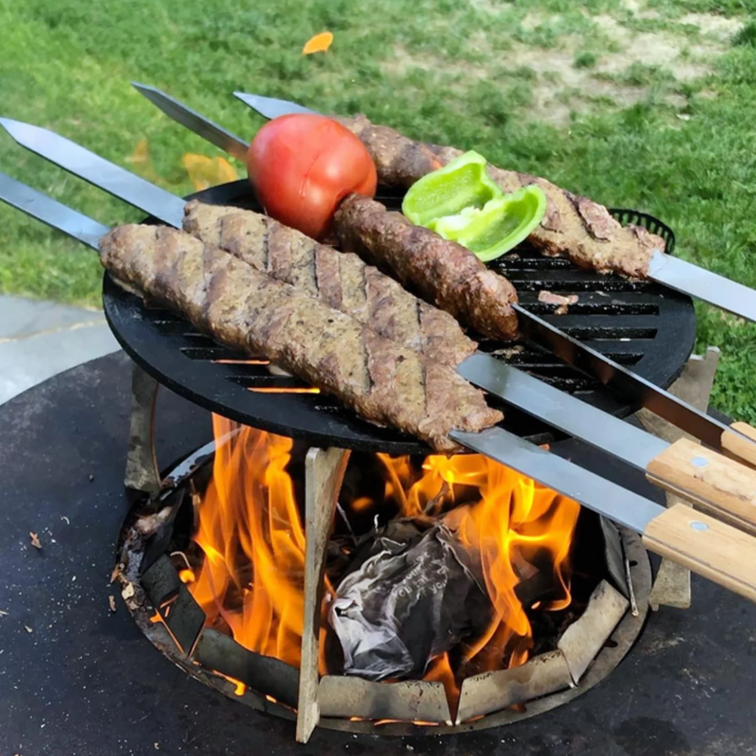 Goutime brochettes pour barbecue,Brochettes extra longues de 60cm en acier inoxydable avec Poignée en chêne massif,ensemble de 7