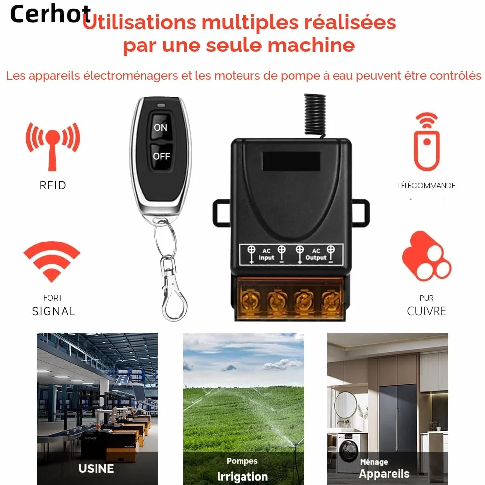 Interrupteur à télécommande sans fil 100m 30A AC 220V-240V pour pompe à eau éclairage extérieur