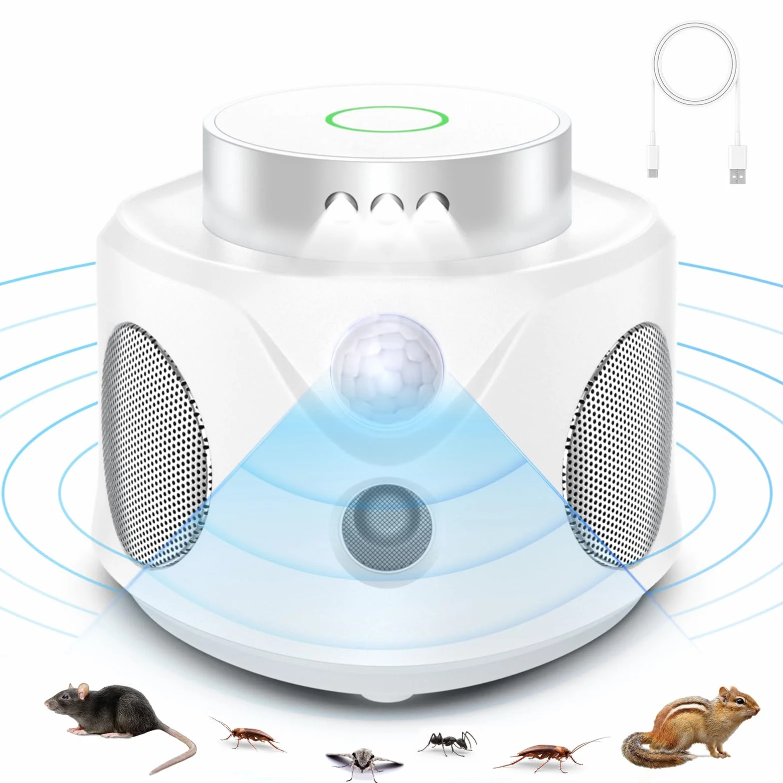 Ultrason Souris et Rats, Repulsif Souris Ultrasons 360° Anti Souris avec Lumière LED Appareil Ultrason pour Nuisible Rongeurs Plug in Répulsif Intérieur Dispositif Anti Nuisible Cafards pour Jardin