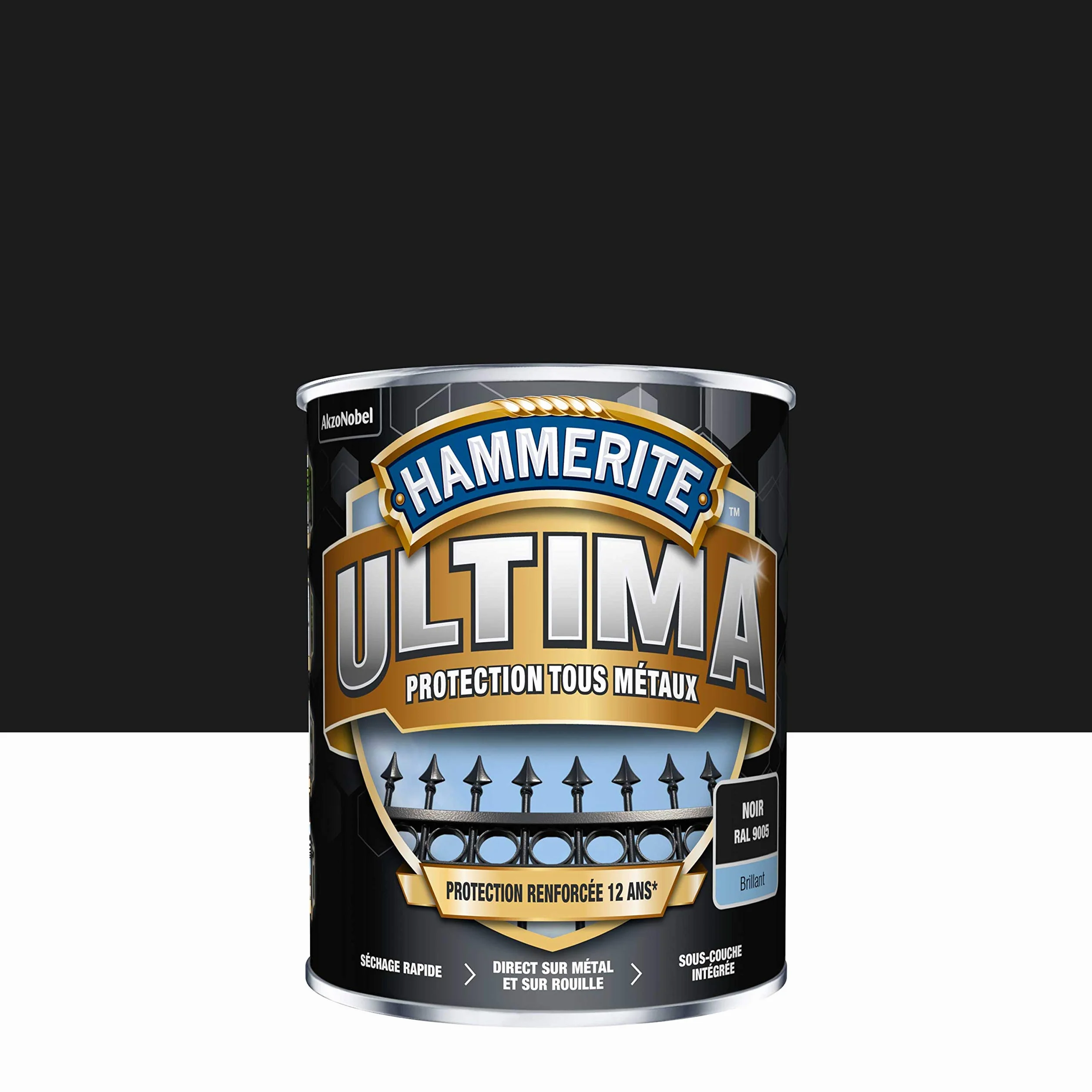 Hammerite Ultima Peinture Acrylique Tous Métaux 3 en 1 Antirouille Direct sur Rouille Sans Sous-couche Brillant Noir 0,75 L