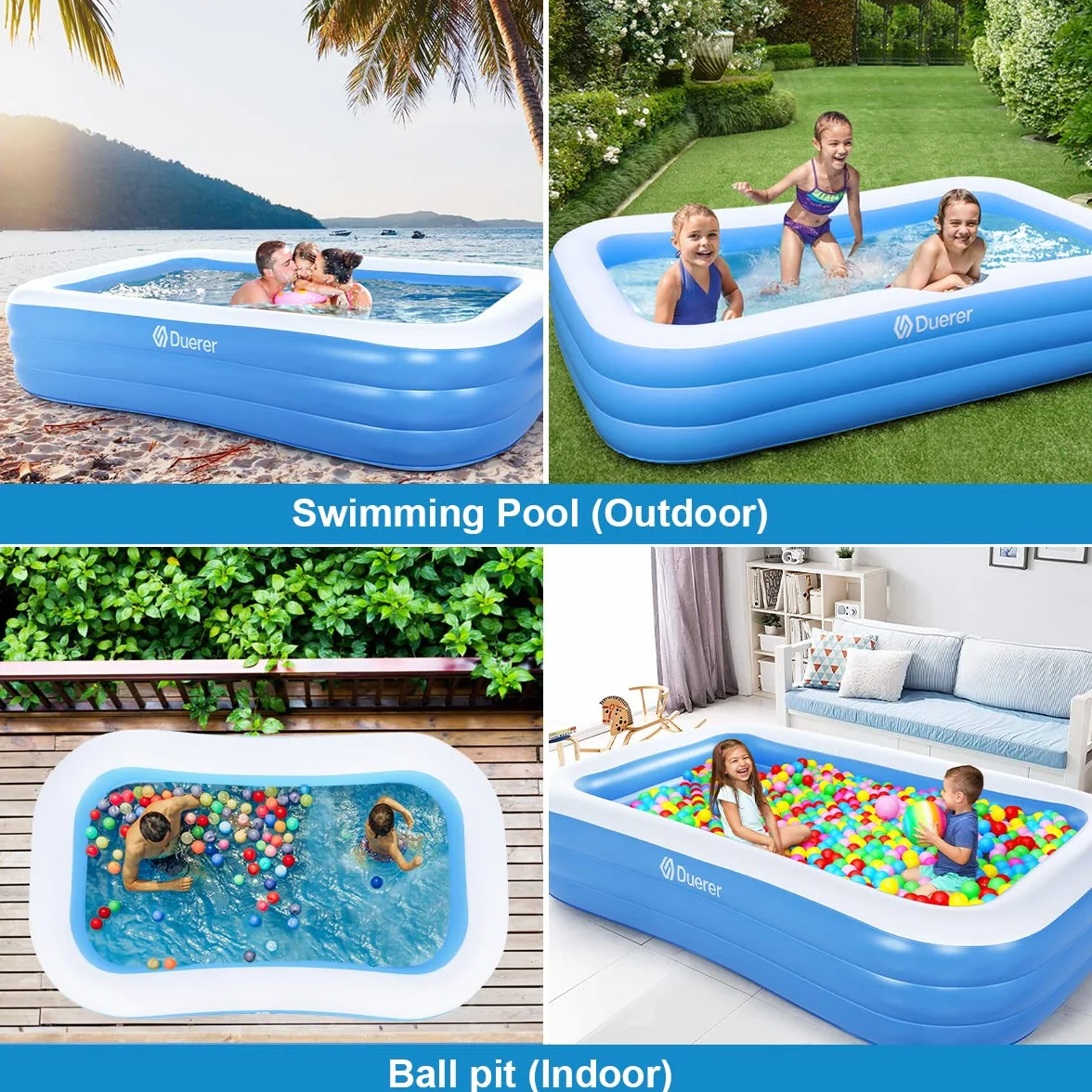 Duerer Piscine Gonflable Rectangulaire 241x142x56cm Piscine Familiale pour Jardin Extérieur Bleu