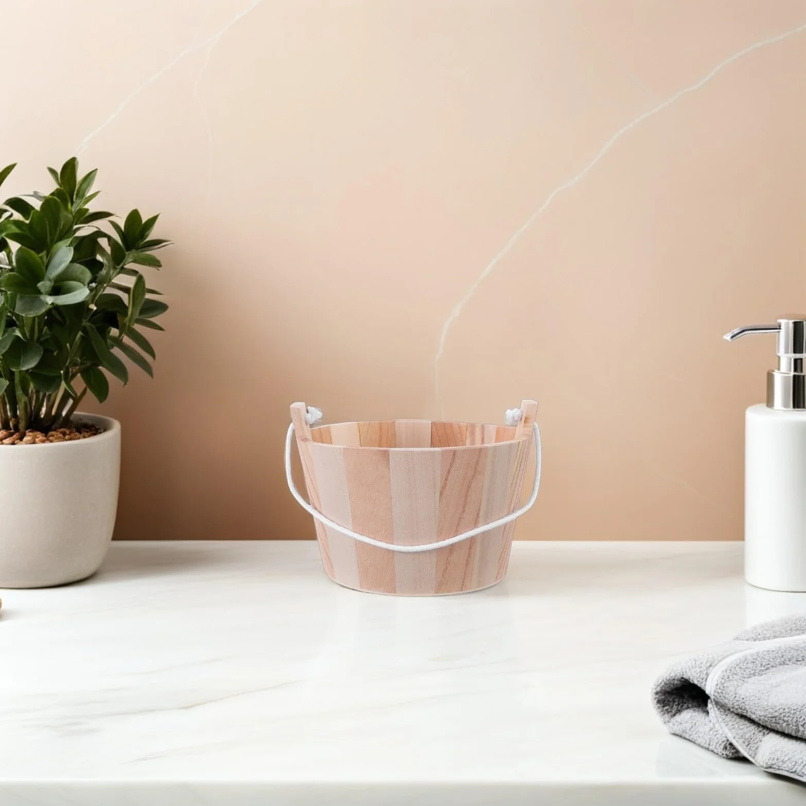 Seau de Sauna en Bois Naturel 5l avec Poignée en Corde pour Sauna Traditionnel