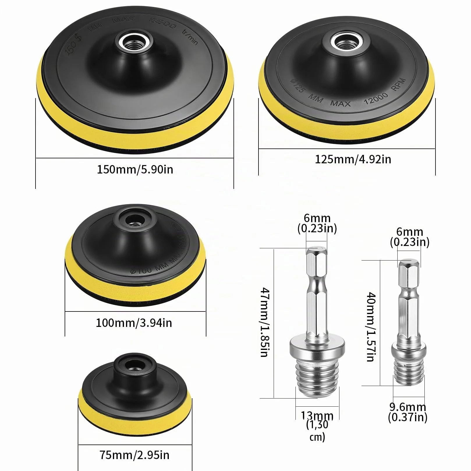 Lot 4 tampons polissage ponceuse orbitale voiture, plaque support tailles 7,6/10,2/12,7/15,2 cm adaptateur M10/M14