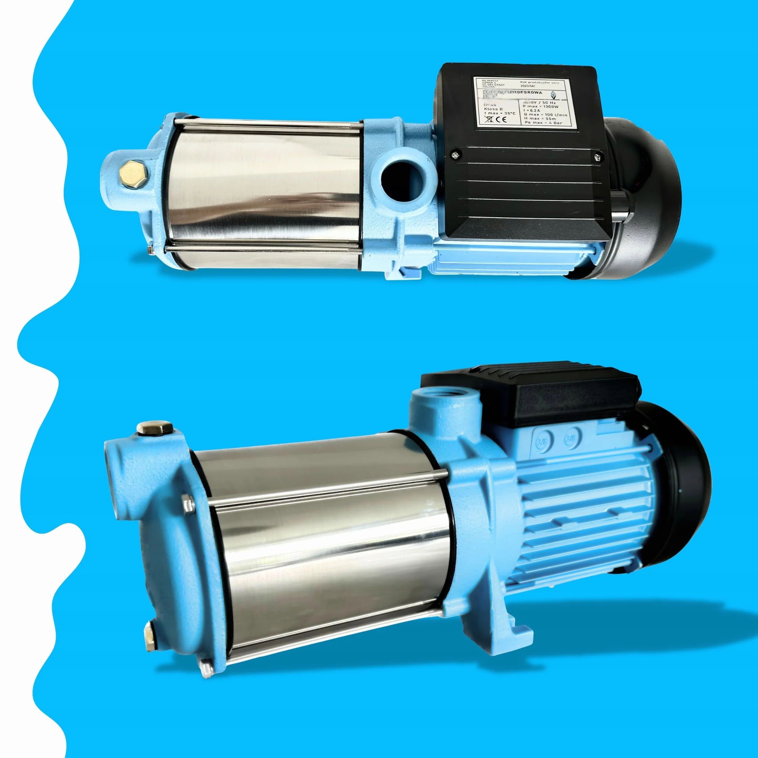 Pompe à Eau MAX-H 1300 1300W 6000 l/h Hauteur 55 m Pompe de Surface Multicellulaire Auto-amorçante 5 TURBINES INOX Jardin Arrosage