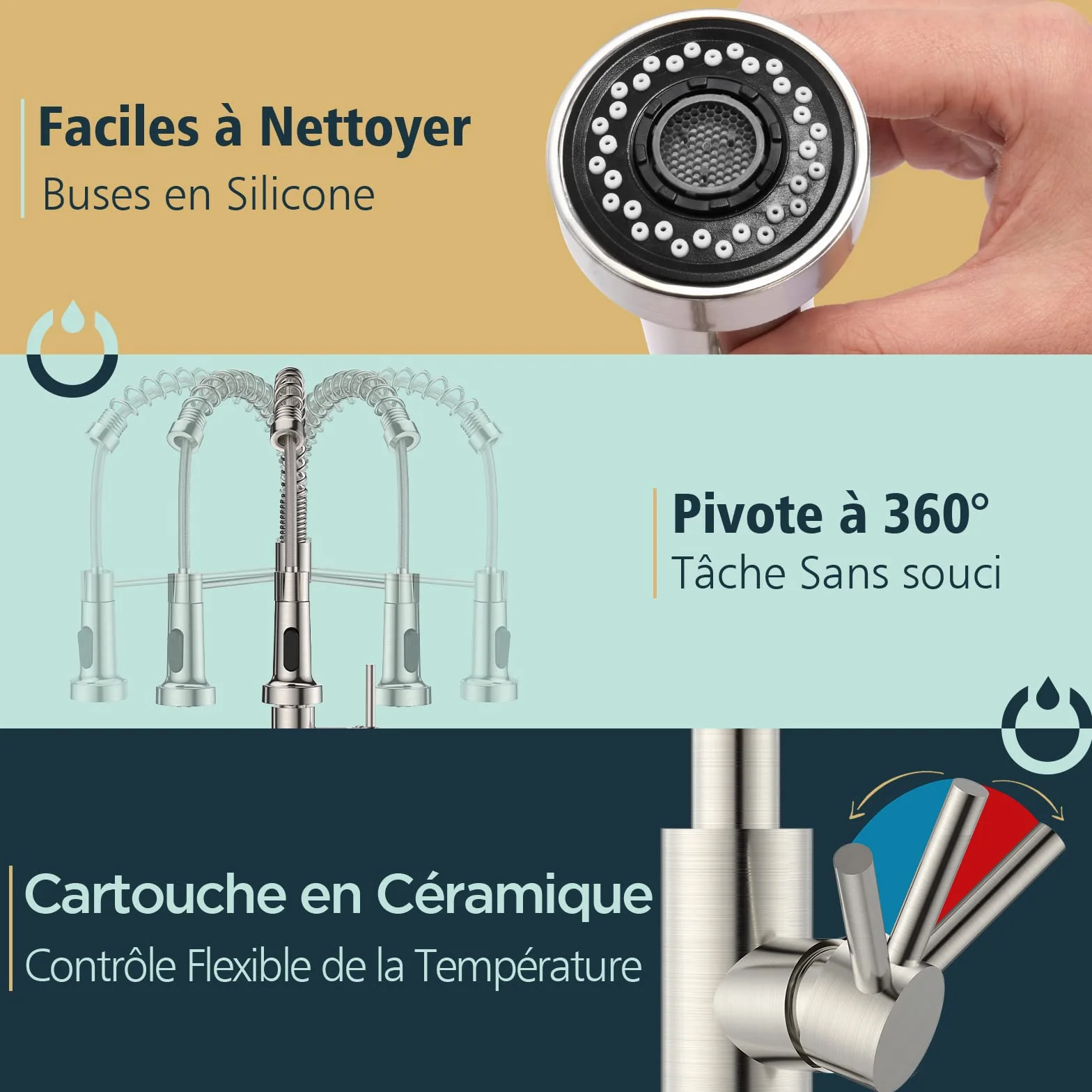 FORIOUS Robinet Cuisine Mitigeur Avec Douchette Pivotant 360° Évier Arc Élevé Pulvérisateur Escamotable 2 Modes Acier Inoxydable