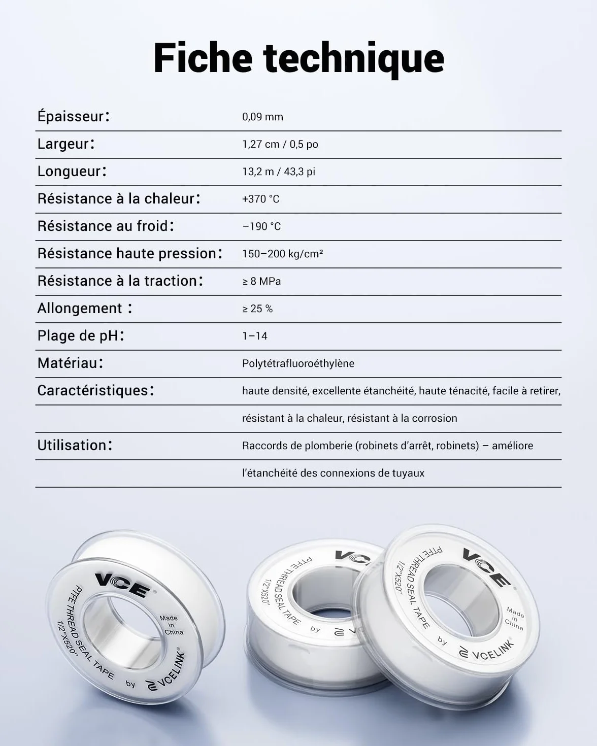 VCELINK Ruban d'Étanchéité PTFE 12mm x 13m Lot de 6 Rouleaux Blanc