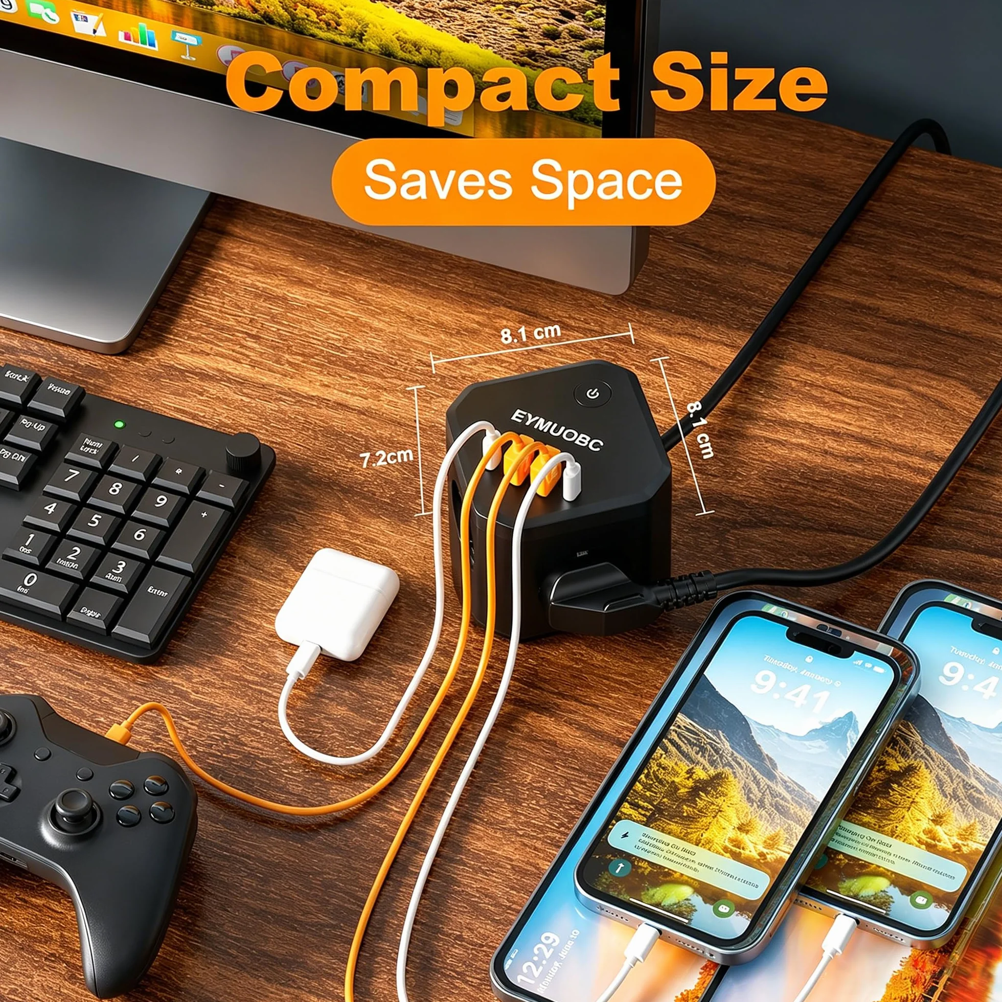 Multiprise 8-en-1 avec USB C PD 20W 3680W et Interrupteur Rallonge Électrique 2M