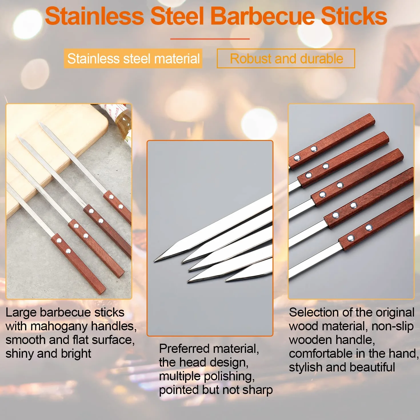 Pique a Brochette Inox pour Barbecue, 8 Pièces, Réutilisable, Ustensiles Camping