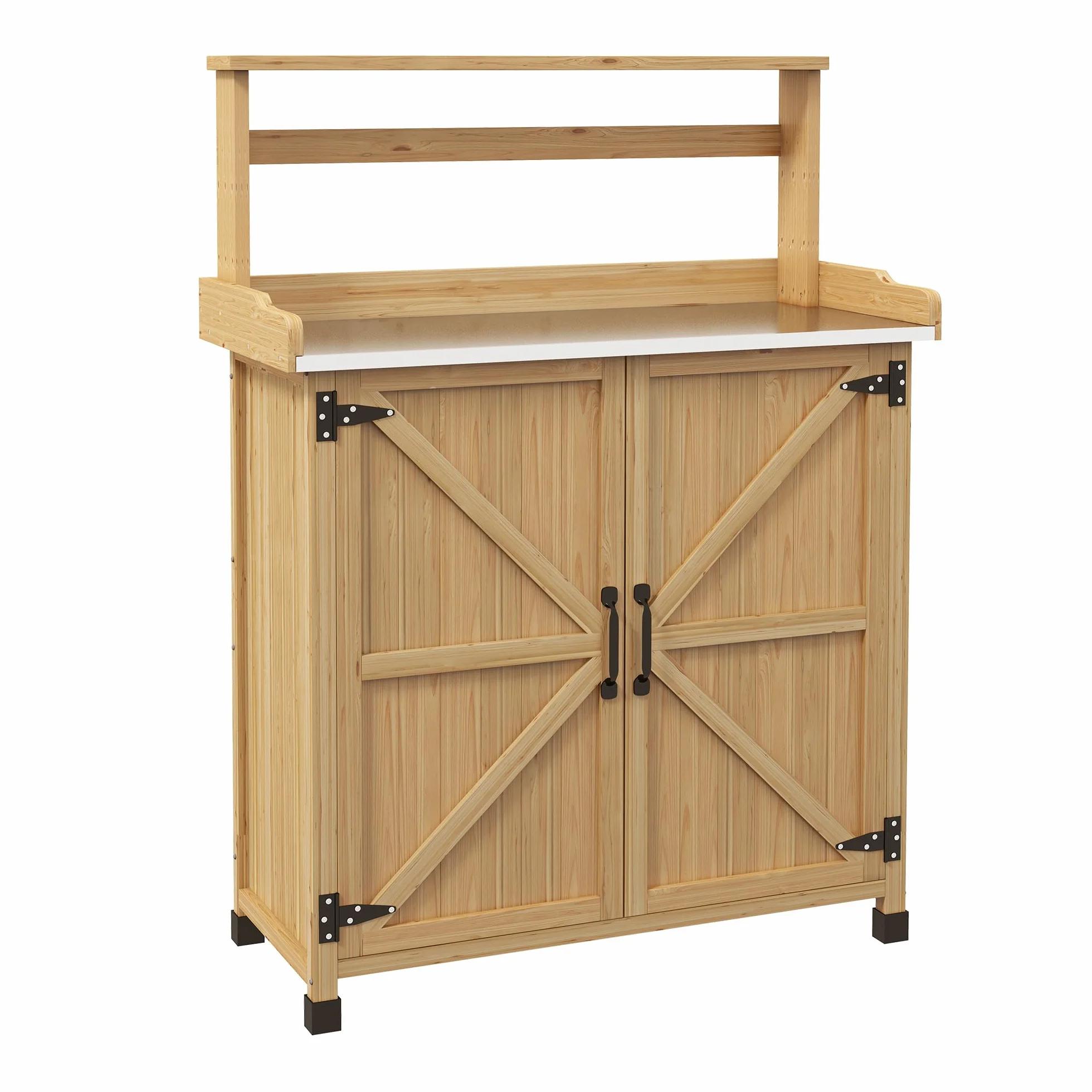 Outsunny Table de Rempotage, Table de Jardinage Style Rustique avec Placard et Étagères et Plateau Galvanisé, Patins Antidérapants, en Bois Sapin Pré-Huilé, Dim. 90,5L x 41l x 124,5H cm, Jaune