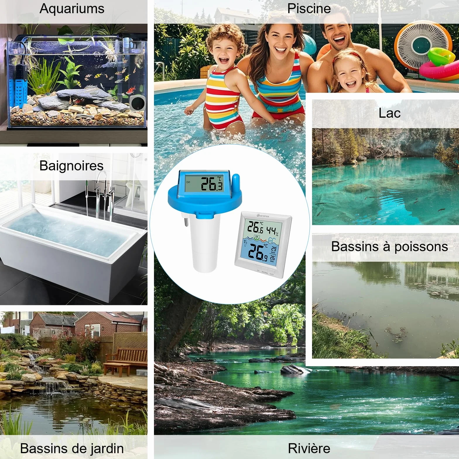 KETOTEK Thermomètre de piscine sans fil IPX8 étanche numérique flottant