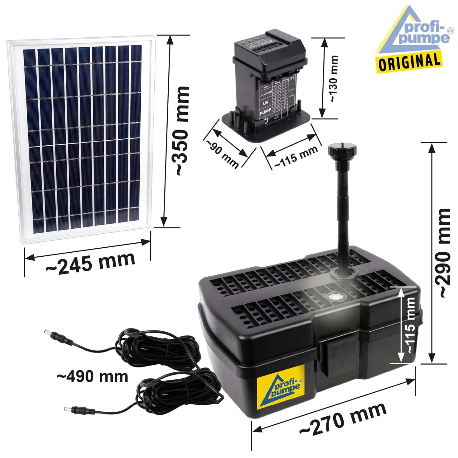 AMUR Kit Pompe Fontaine Solaire de Bassin avec Bac de Filtration UV Anti-Algues, Batterie Li-ion, Panneau Solaire Cadre Alu Robuste (Aqua-vital 9-uv-c)