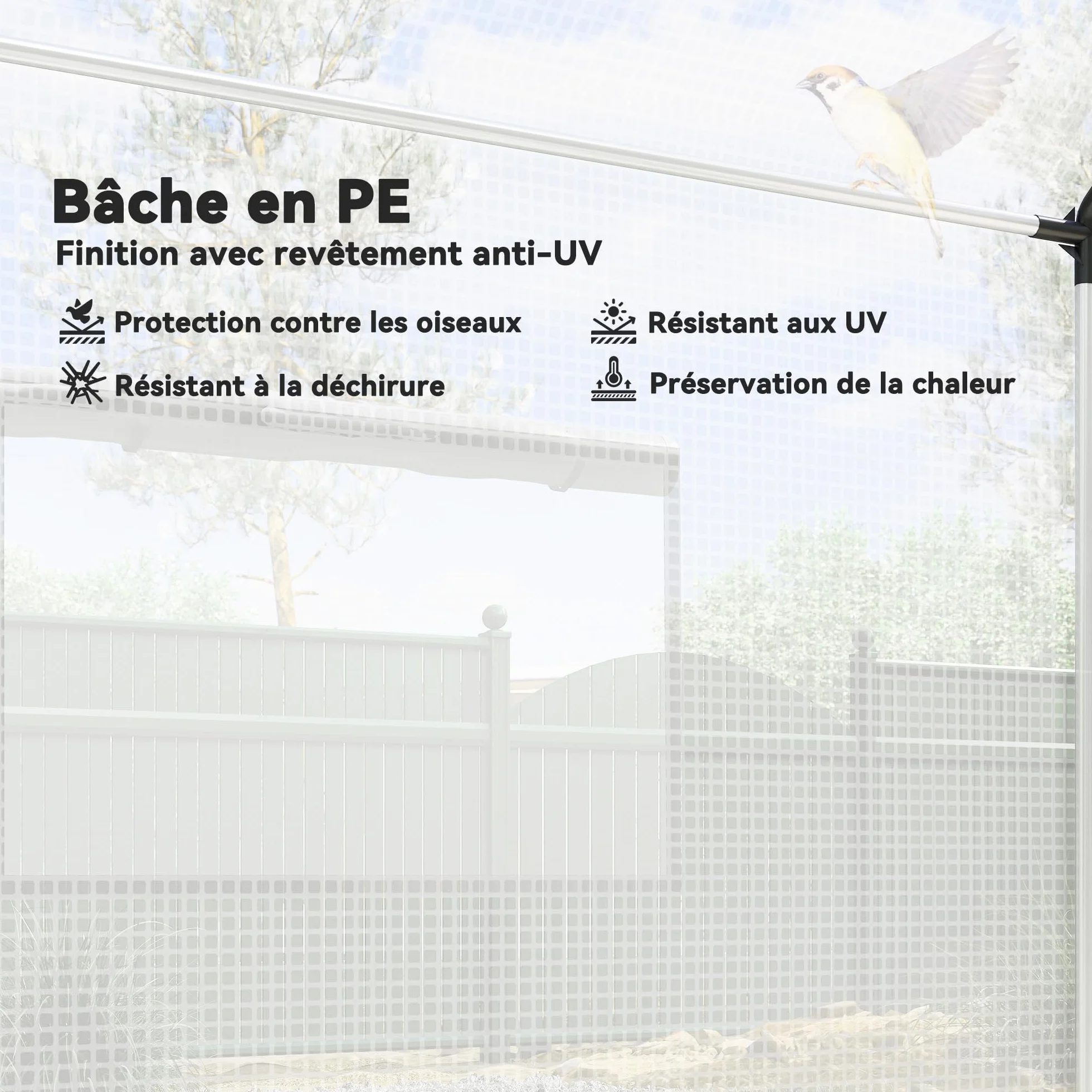 Outsunny Serre de Jardin Tunnel 2 x 3m, 6m² avec Porte Enroulable, 4 fenêtres, - Acier galvanisé PE Haute densité Blanc