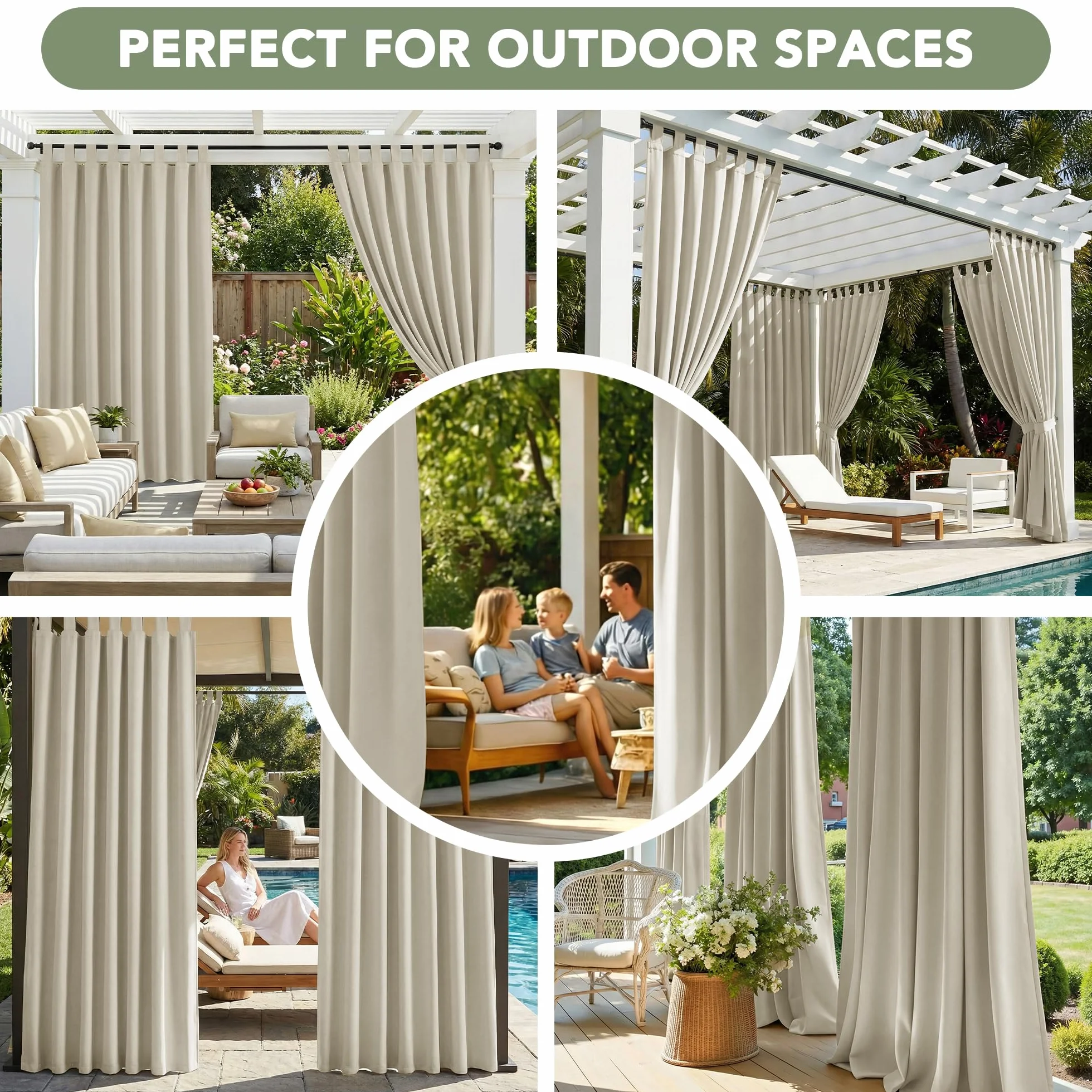 Deconovo Rideau Extérieur Imperméable Occultant Thermique 132x270 cm Beige 2 Panneaux