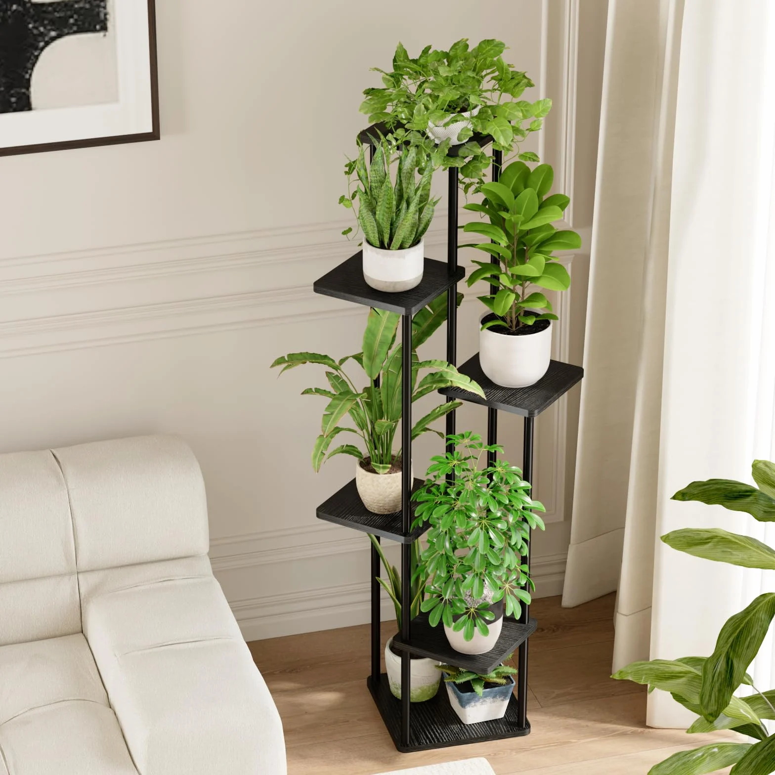 Bamworld Support d'angle pour plantes d'intérieur, étagère en métal à 6 niveaux, noir