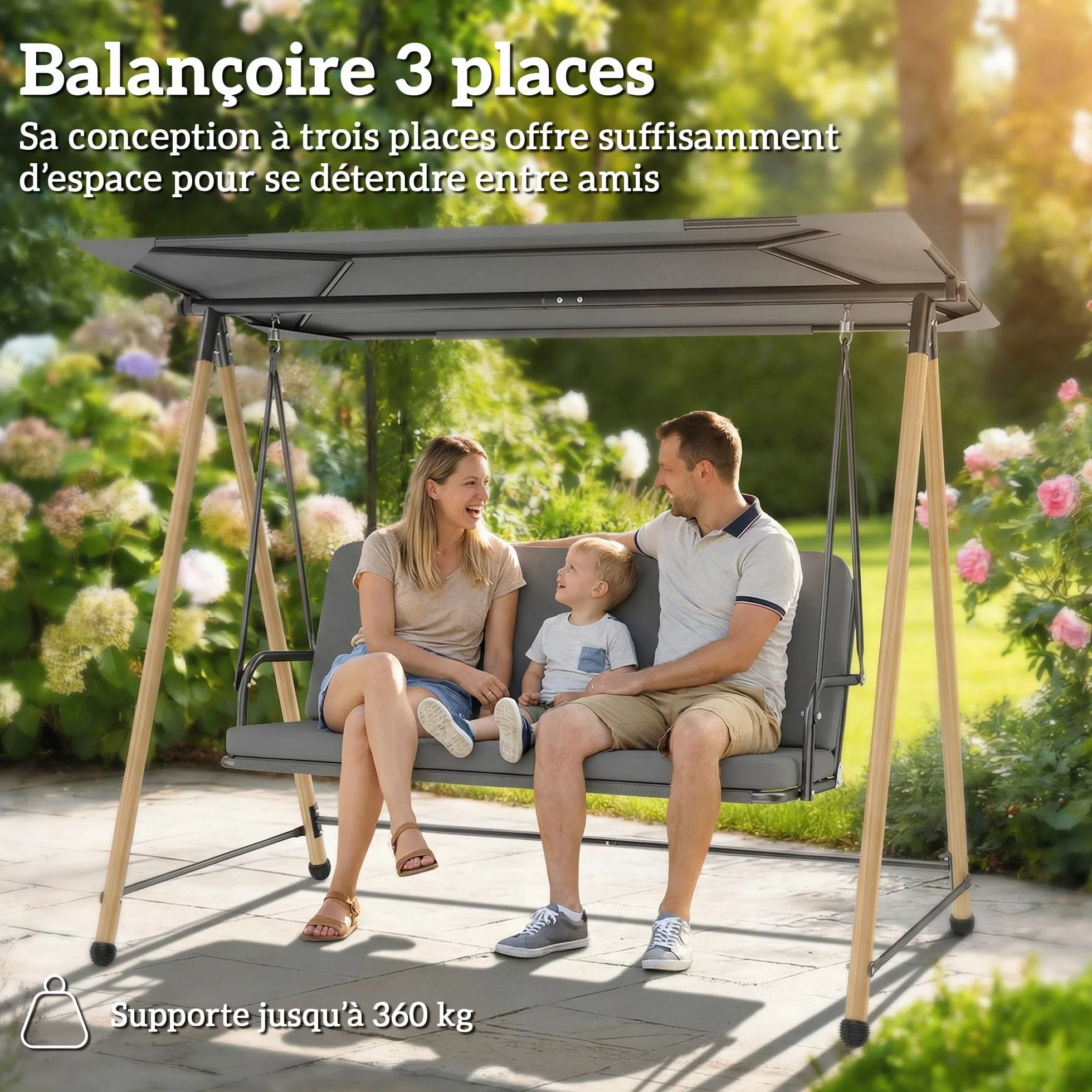 Outsunny Balancelle de Jardin 3 Places, Balançoire Extérieure Toit Réglable, Cadre Acier 360 kg 208x125x180 cm Gris