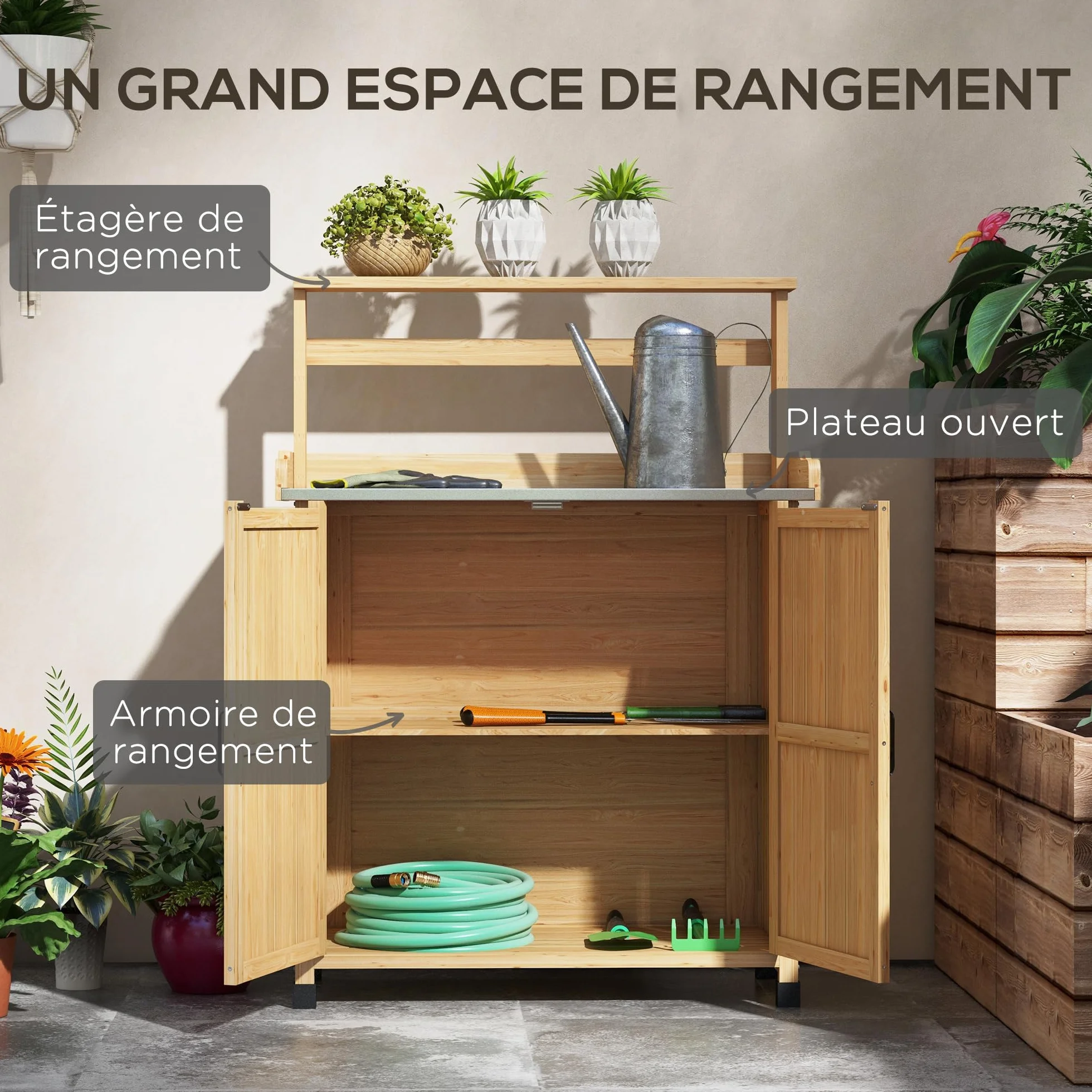 Outsunny Table de Rempotage, Table de Jardinage Style Rustique avec Placard et Étagères et Plateau Galvanisé, Patins Antidérapants, en Bois Sapin Pré-Huilé, Dim. 90,5L x 41l x 124,5H cm, Jaune