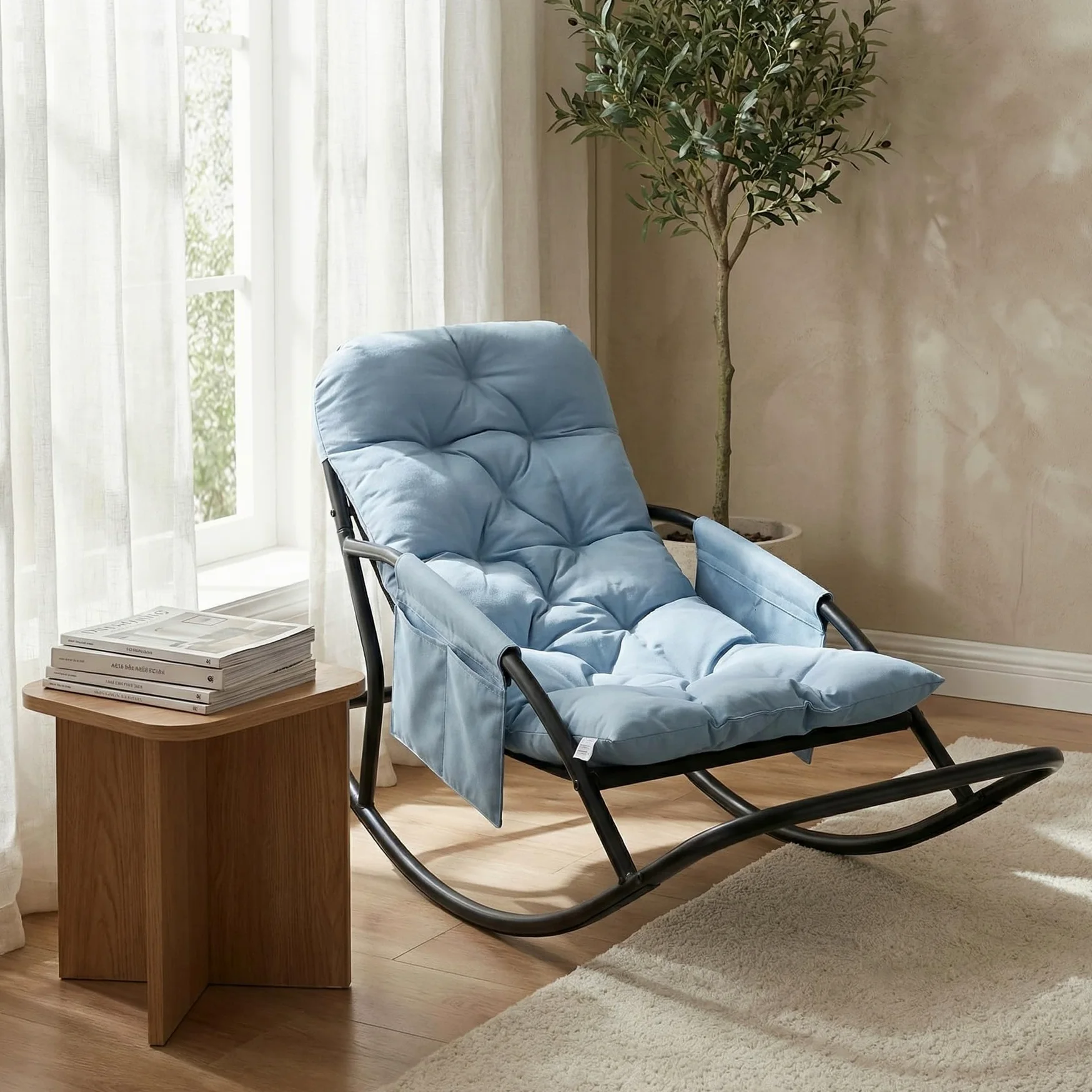 Fauteuil à Bascule Extérieur, Rocking Chair Papasan avec Coussin et Cadre, Cadre en métal Soutien des Pas, pour Chambre, Salon, Terrasse, Jardin,capacité de Charge 120 kg,Tissu Technique