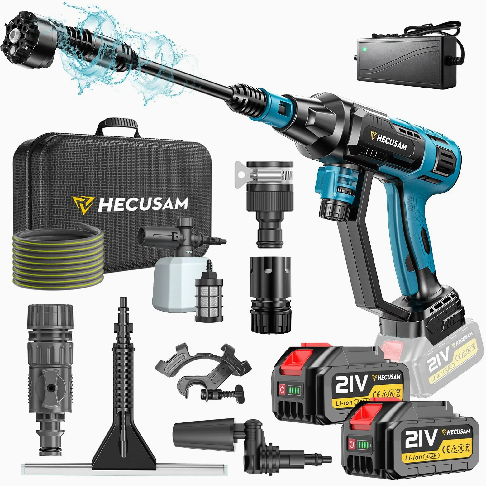 Nettoyeur Haute Pression Sans Fil, Moteur Sans Balais 3000 W,Mode 4 Vitesses,Pression Max 125 Bars, Avec 2 Batteries 4,0 Ah,Buse Pivotante 6 En 1,Brosse De Nettoyage,Tuyau De 5 M,Nettoyage Et Arrosage