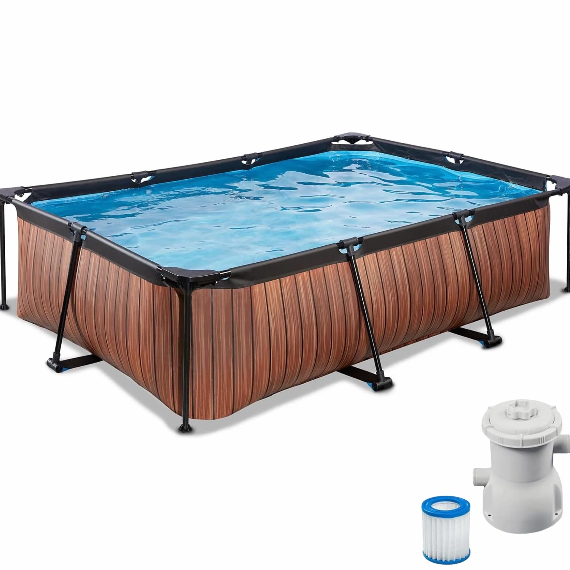 EXIT TOYS Piscine Hors Sol Rectangulaire 220 x 150 x 65 cm avec Pompe Filtrante – Tubulaire Acier – TÜV CE – Marron