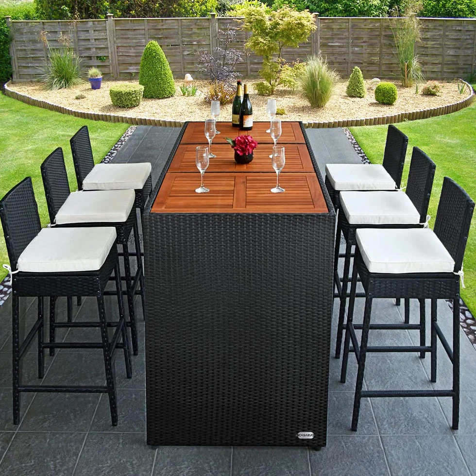 Casaria® Ensemble Bar de Jardin 7 pièces polyrotin Noir Set 1 Table + 6 tabourets avec Coussins Bois d'acacia Exterieur