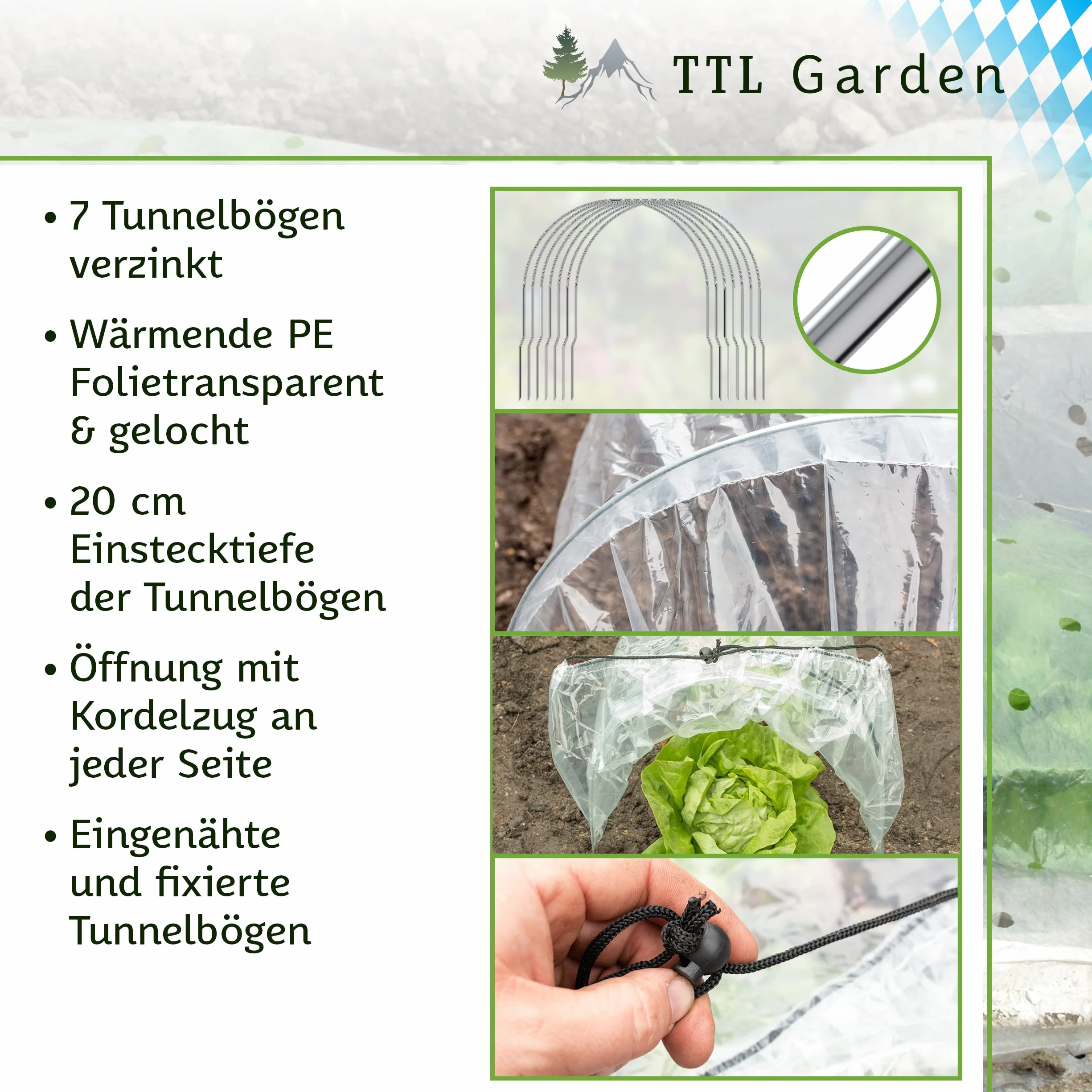 TTL GARDEN Quick&Easy Tunnel en film plastique 300 x 45 x 30 cm avec film polyéthylène – Tunnel en film plastique de 3 m immédiatement utilisable avec cordon 7 arcs de tunnels, pour plate-bande