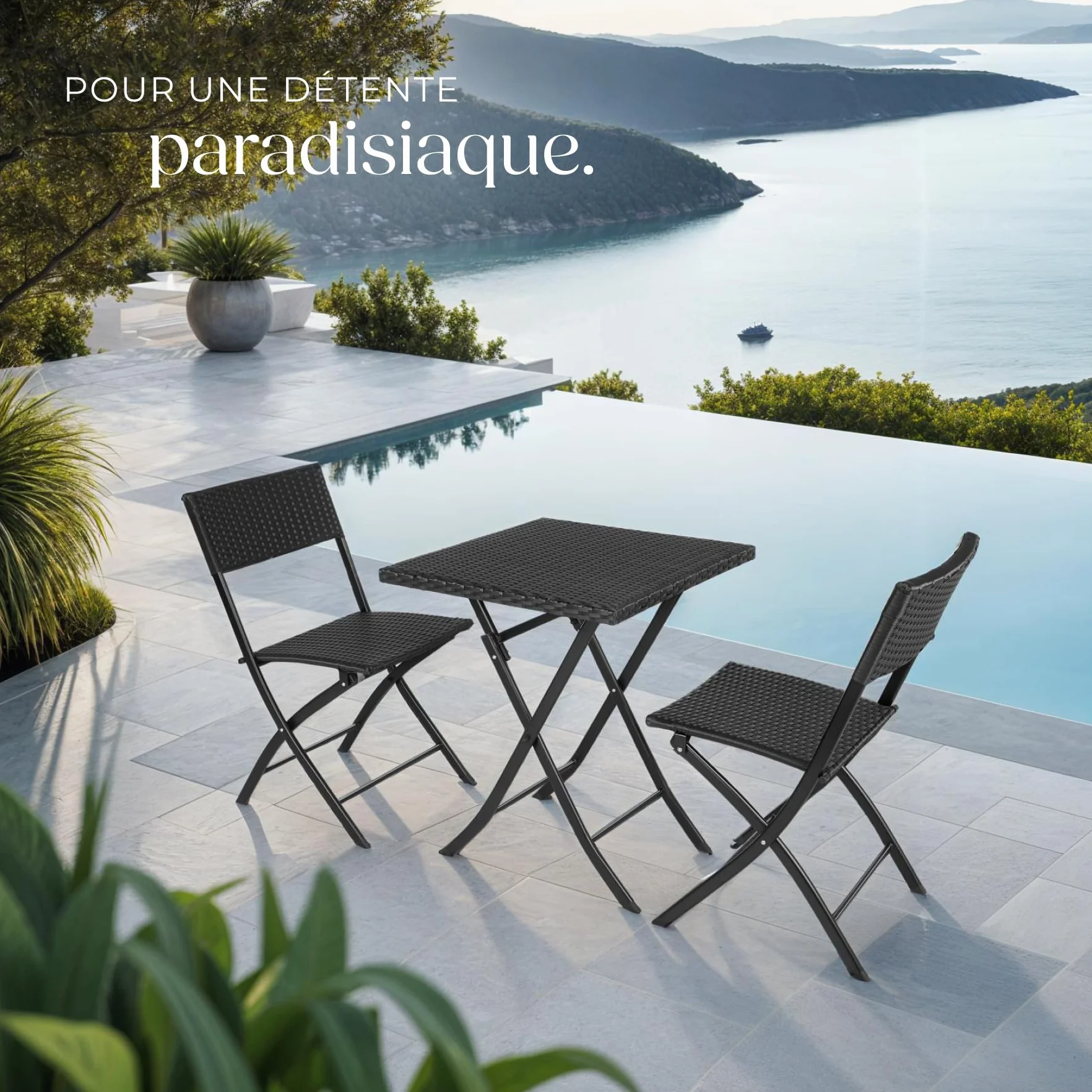 Tectake Salon de Jardin Poly Rotin Pliant pour 2 Personnes - Ensemble Chaise et Table