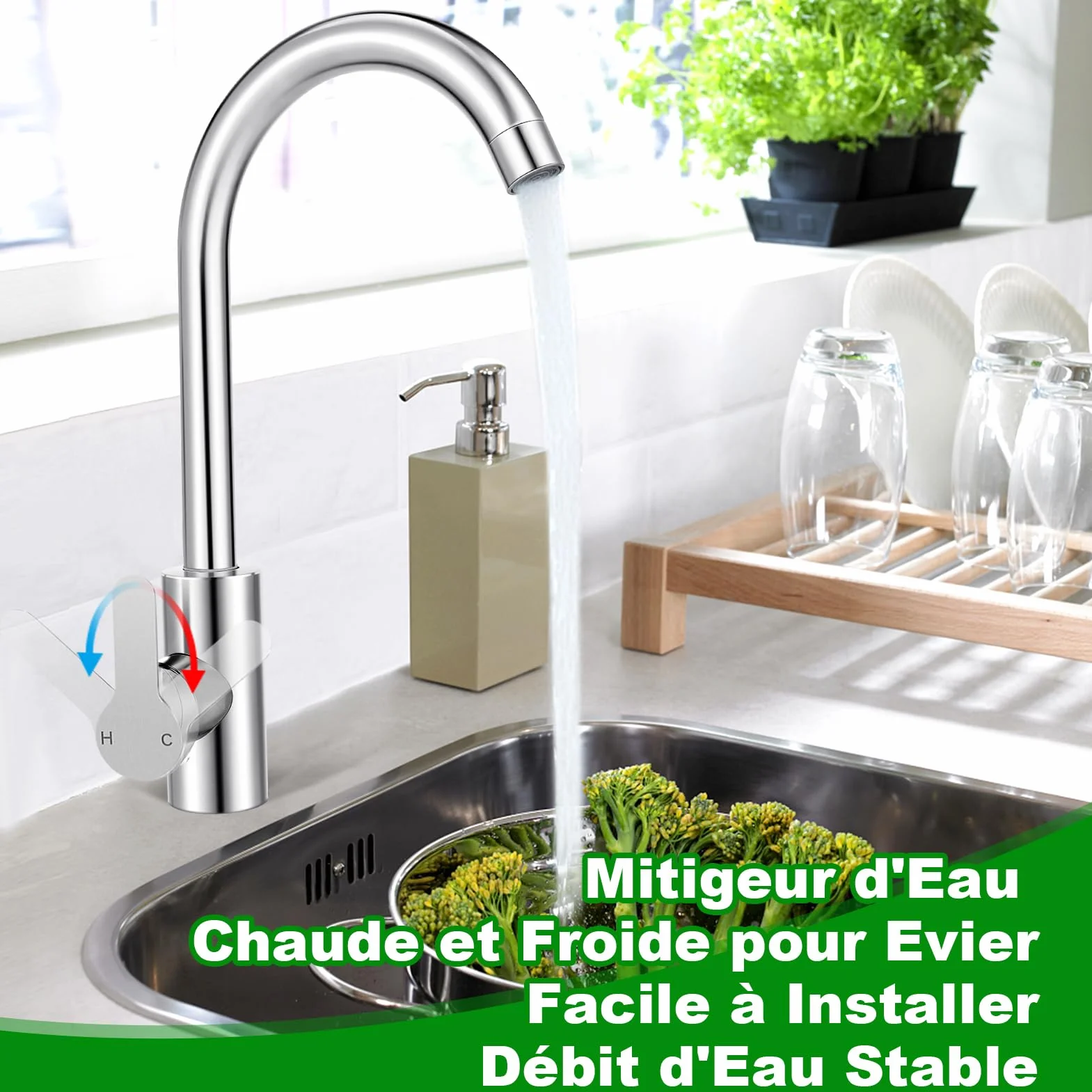 Mitigeur Cuisine Acier Inox Bec Pivotant 360° Monocommande Tuyau Flexible G3/8 x M10