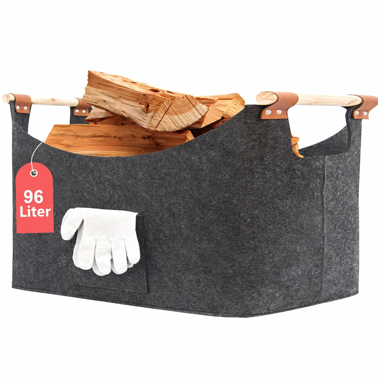 FINEW Panier à bois pour boiss de cheminée 90 L - Avec gants - 60 x 40 x 40 cm - Grand panier en feutre pour ranger le bois de chauffage, les journaux