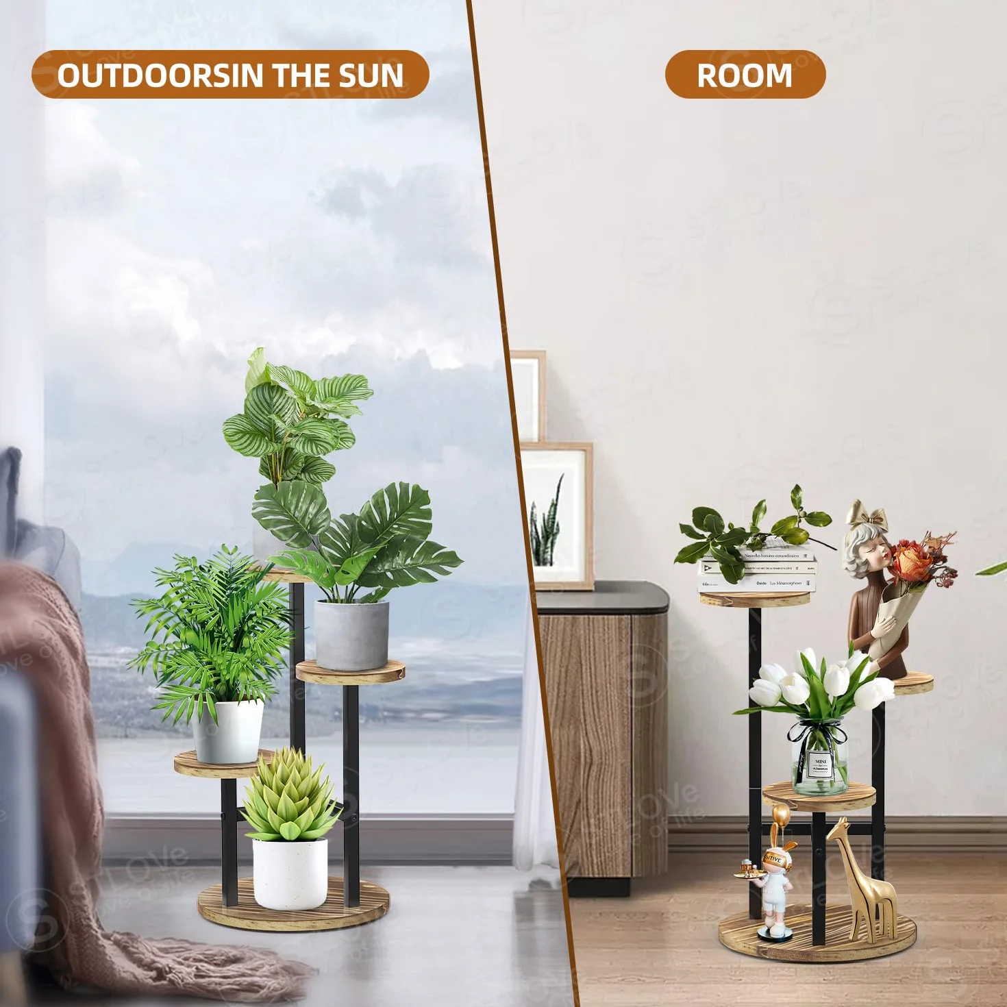 STLOVe Porte Plante Interieur 3 Niveaux Support Metal Bois Etagere Jardin Salon