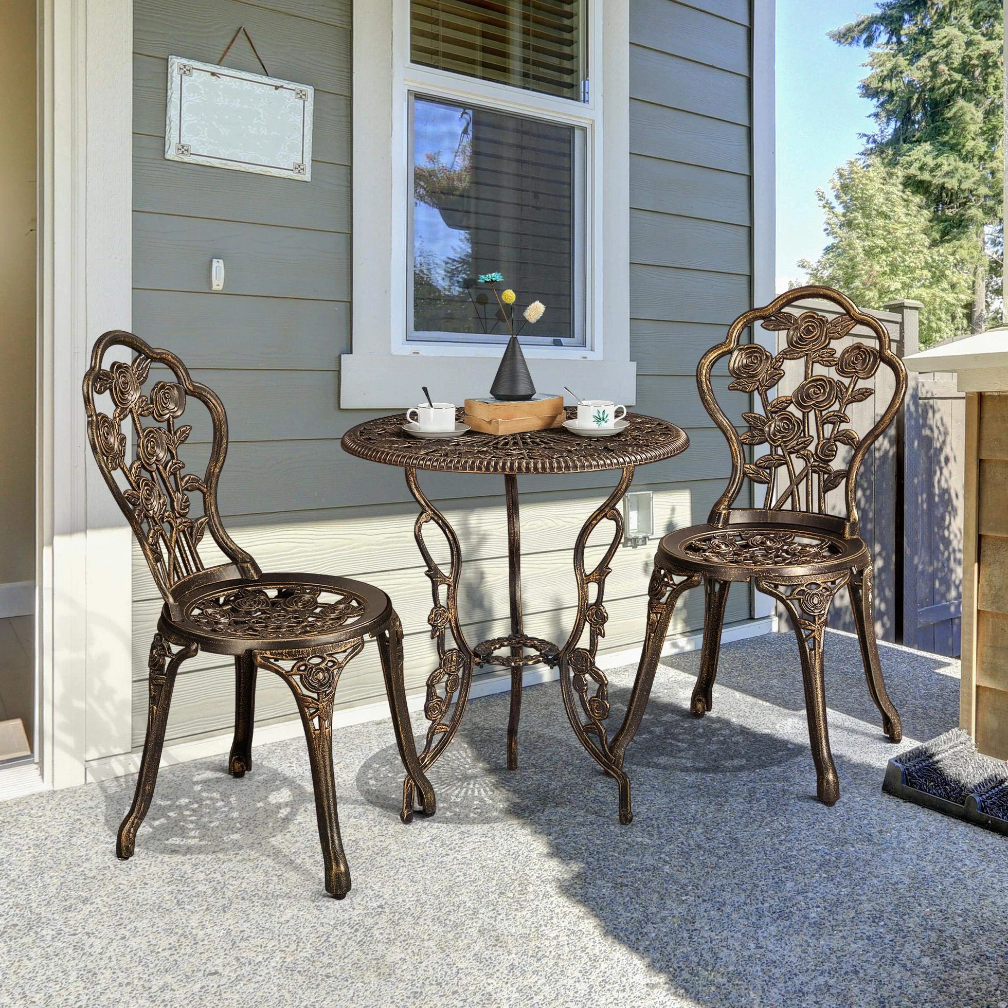 Yaheetech Ensemble de Table et Chaise Salon de Jardin Balcon Kit de Bistro 2 Chaises 1 Table en Alliage Aluminium Bronze