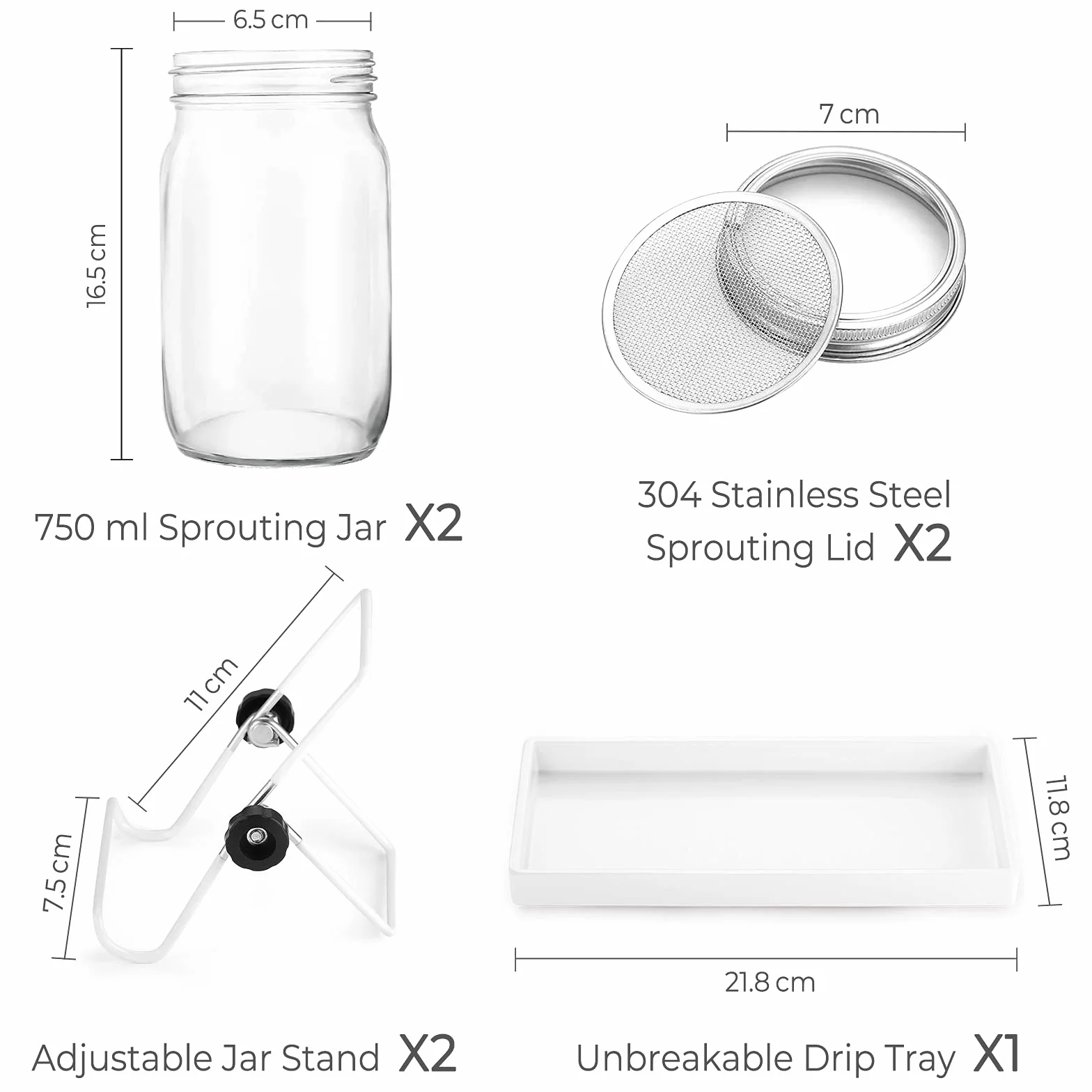 ecooe Lot de 2 pots à germer pour germination en verre à germination avec 1 bac à eau, 2 couvercles de grille filtrante en acier inoxydable 304 et 2 supports